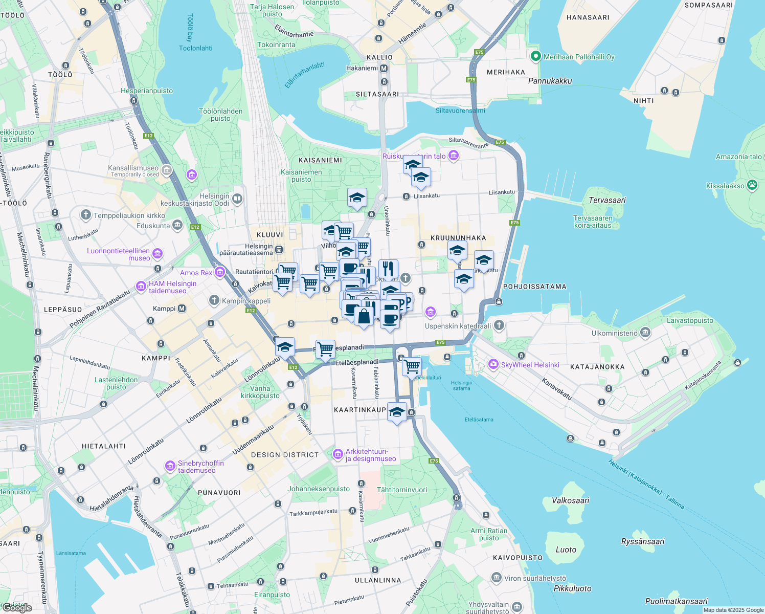 map of restaurants, bars, coffee shops, grocery stores, and more near 34 Unioninkatu in Helsinki