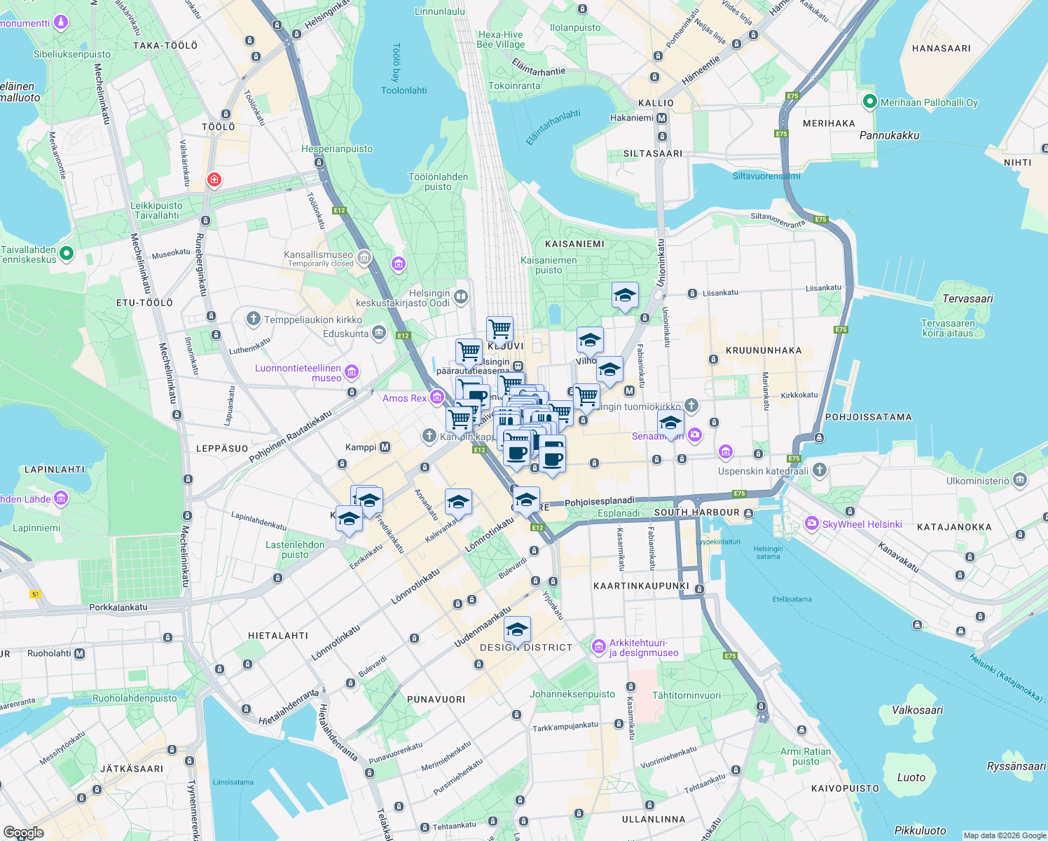 map of restaurants, bars, coffee shops, grocery stores, and more near in Helsinki