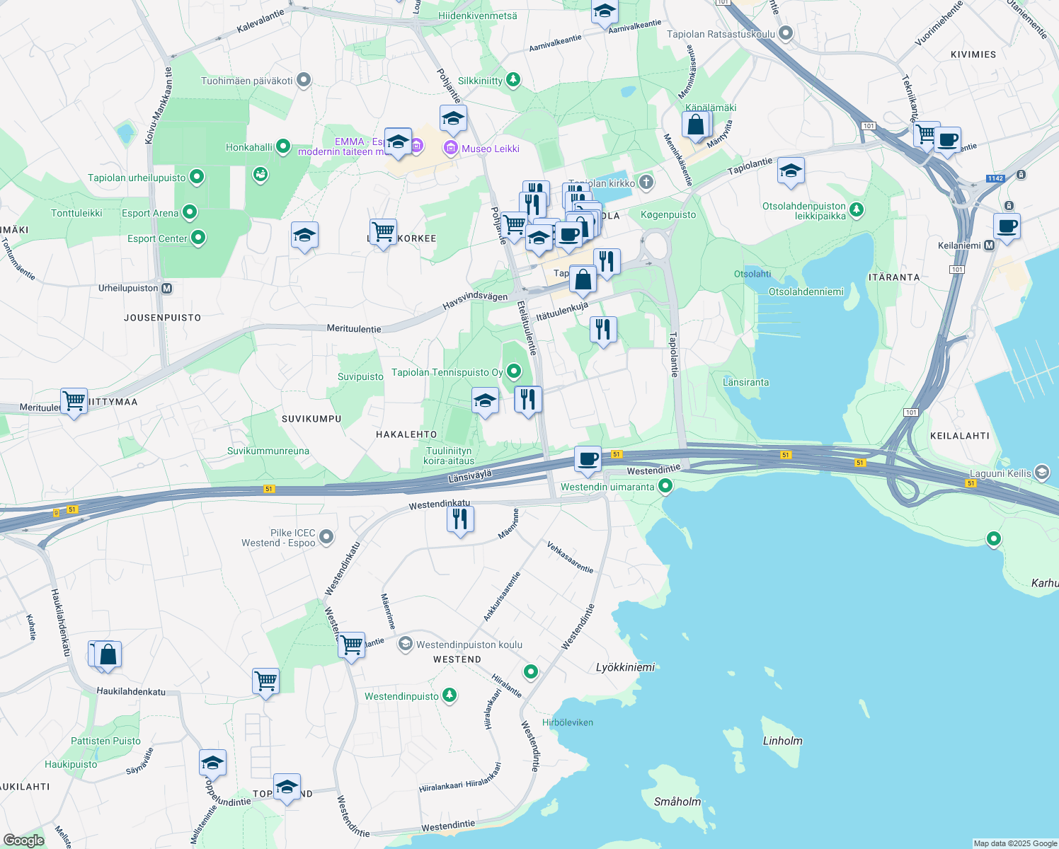 map of restaurants, bars, coffee shops, grocery stores, and more near 2 Tuulikuja in Espoo