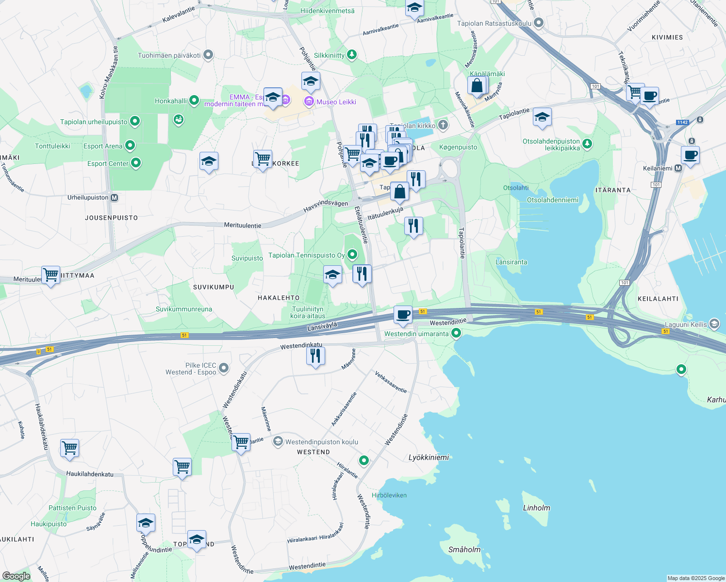 map of restaurants, bars, coffee shops, grocery stores, and more near 2 Tuulikuja in Espoo