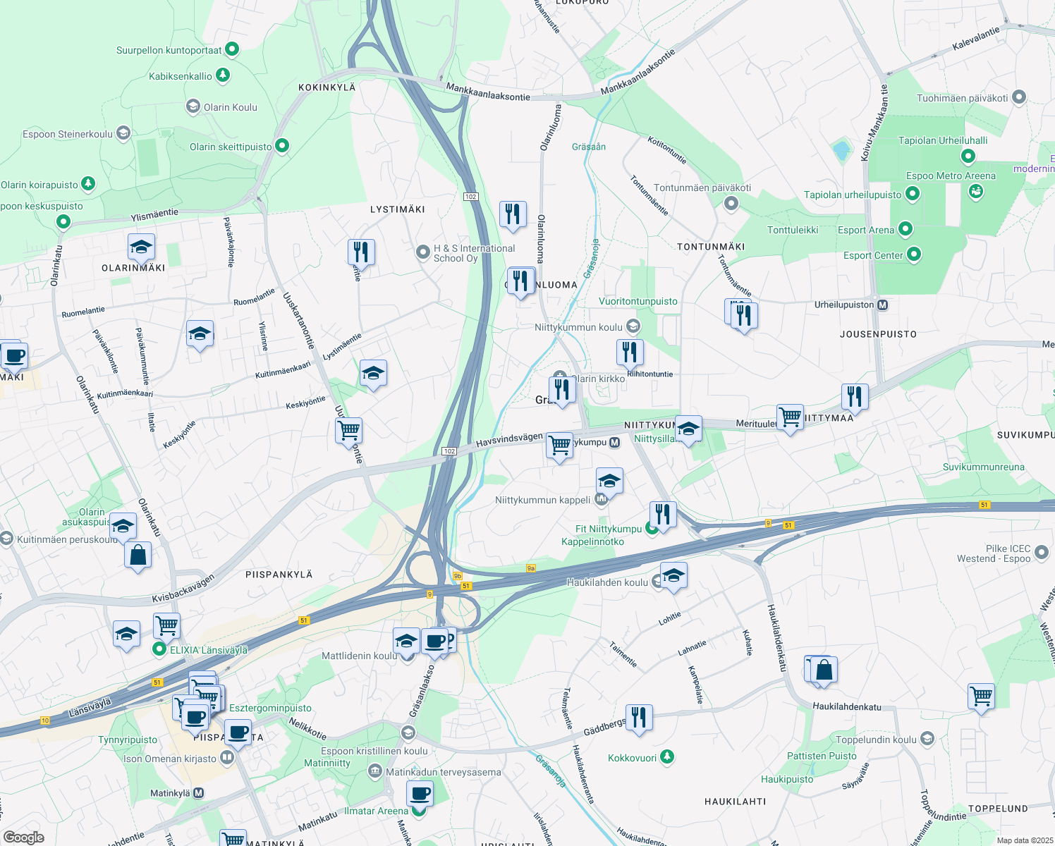 map of restaurants, bars, coffee shops, grocery stores, and more near 4 Rälssitilankuja in Espoo