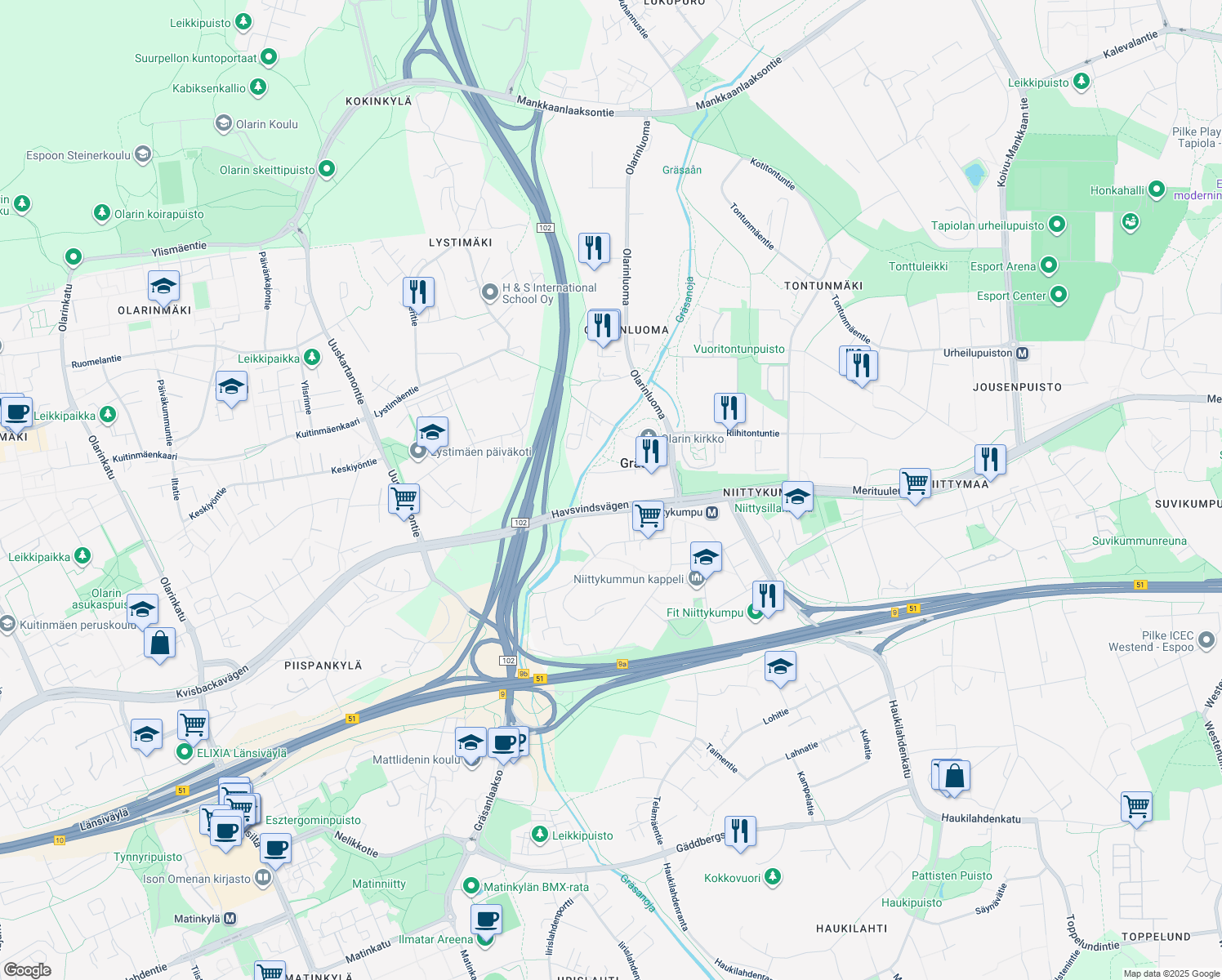 map of restaurants, bars, coffee shops, grocery stores, and more near 4 Rälssitilankuja in Espoo