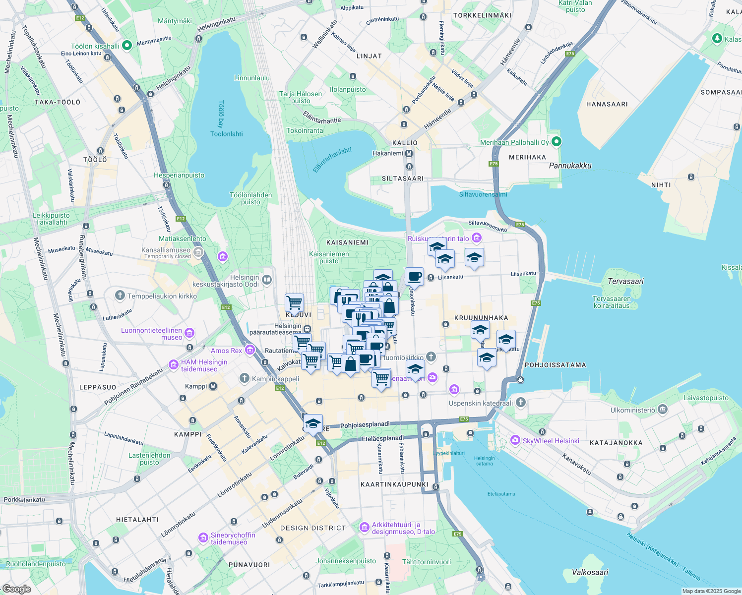 map of restaurants, bars, coffee shops, grocery stores, and more near 24 Vuorikatu in Helsinki