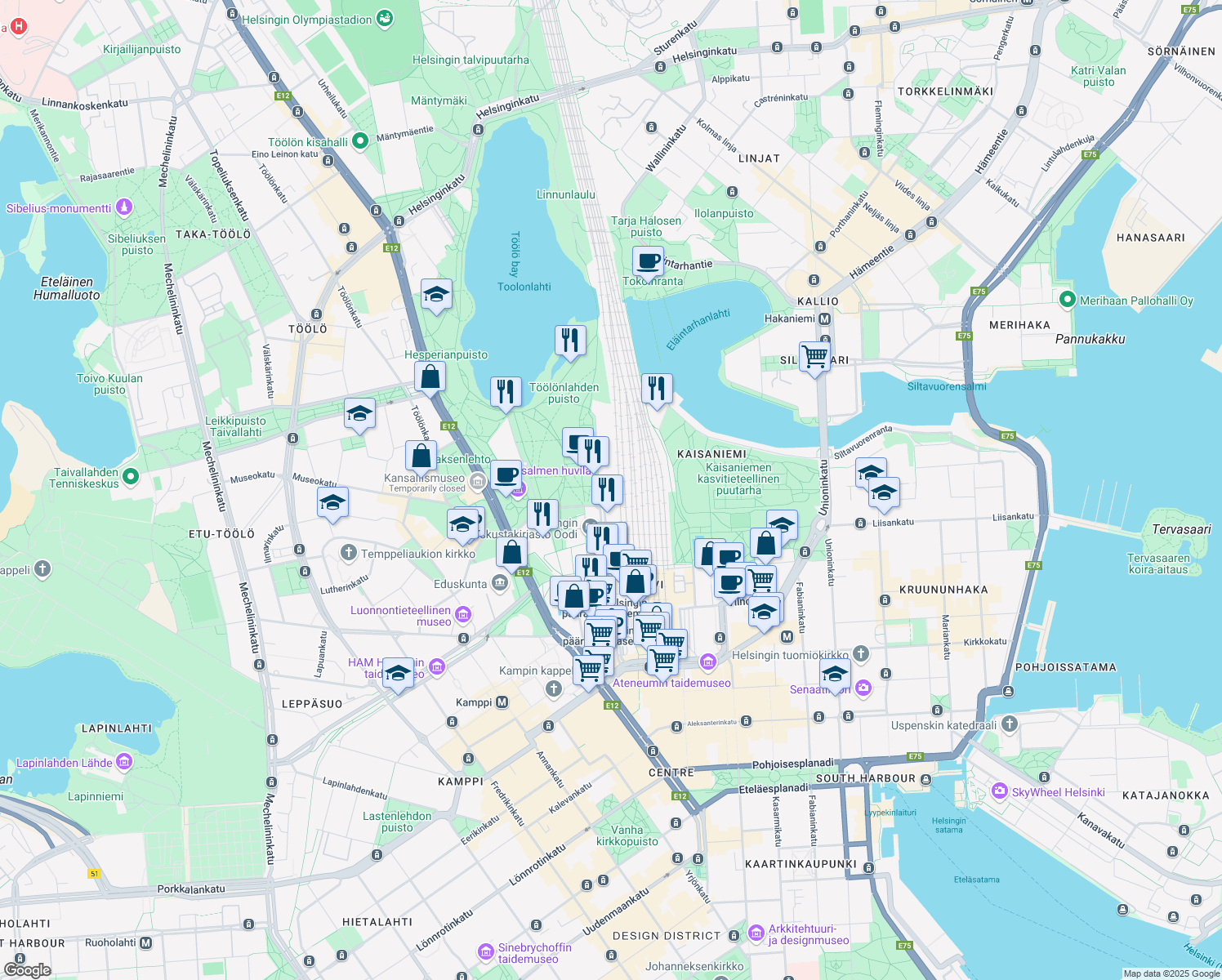 map of restaurants, bars, coffee shops, grocery stores, and more near in Helsinki