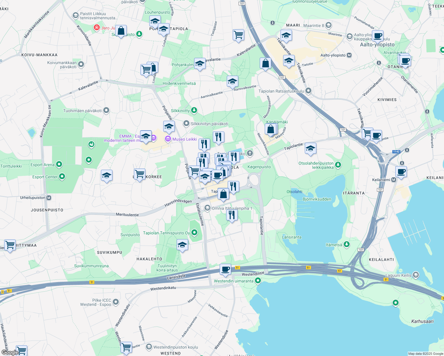 map of restaurants, bars, coffee shops, grocery stores, and more near in Espoo