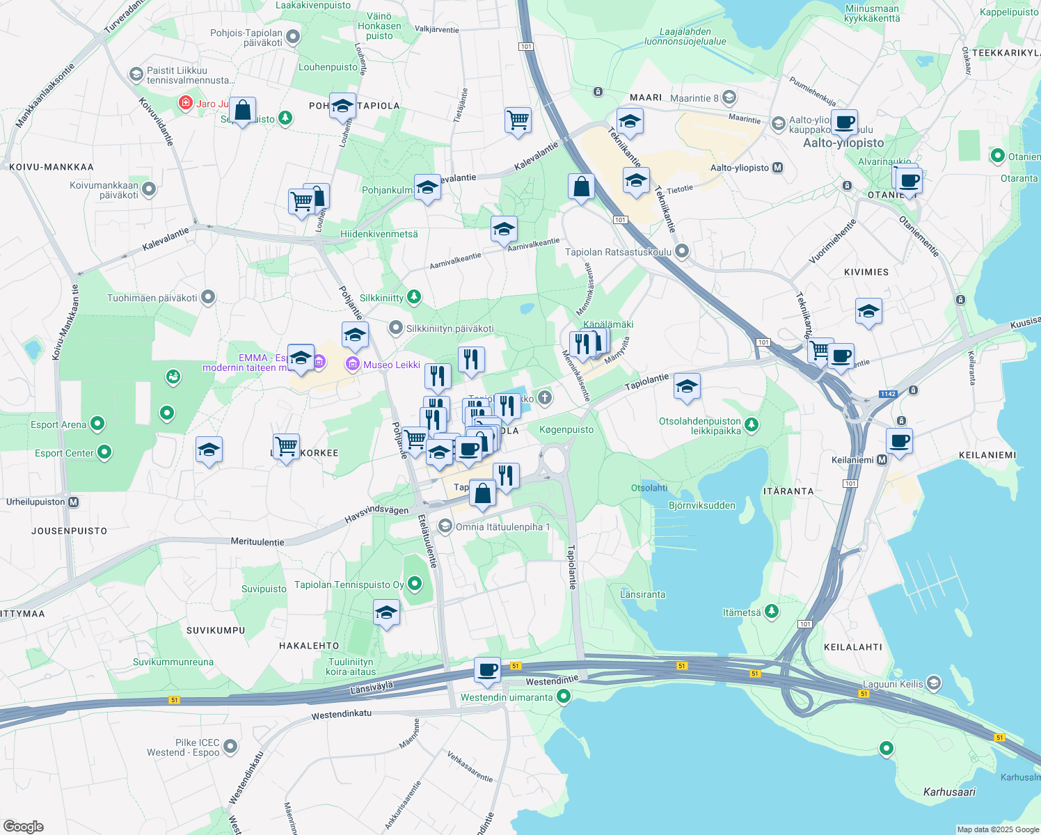 map of restaurants, bars, coffee shops, grocery stores, and more near 3 Tapionaukio in Espoo
