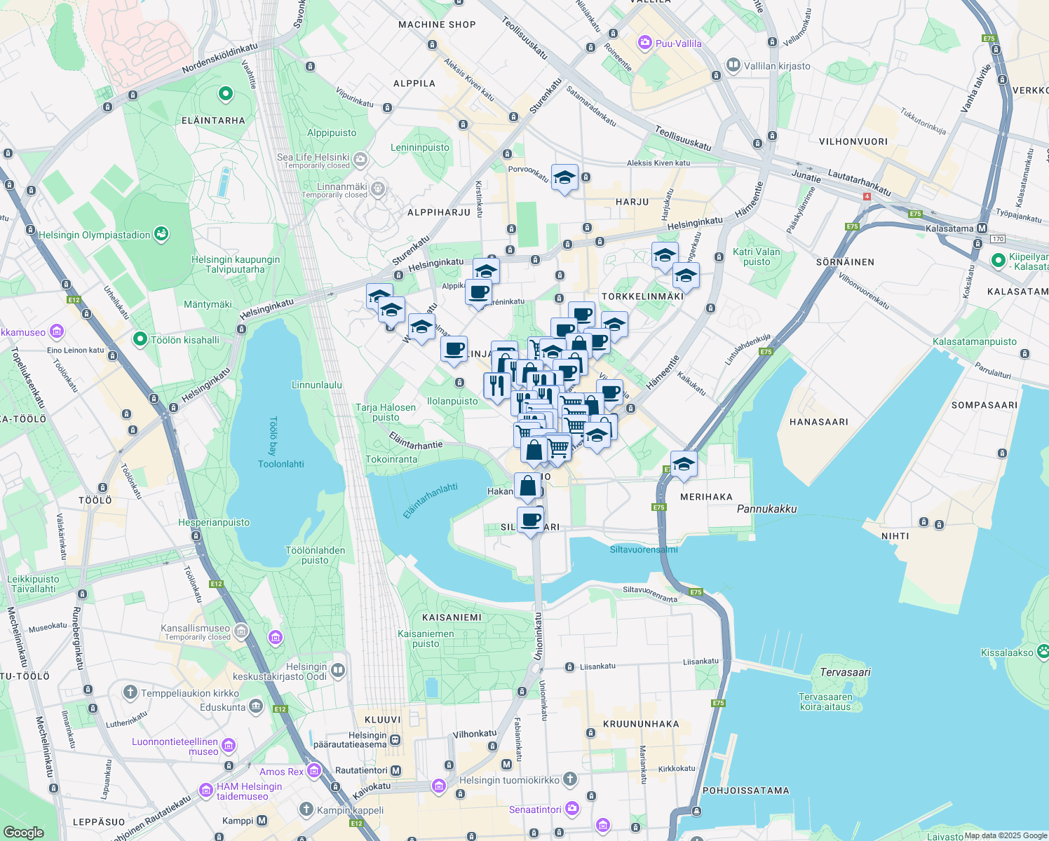 map of restaurants, bars, coffee shops, grocery stores, and more near 22 Siltasaarenkatu in Helsinki