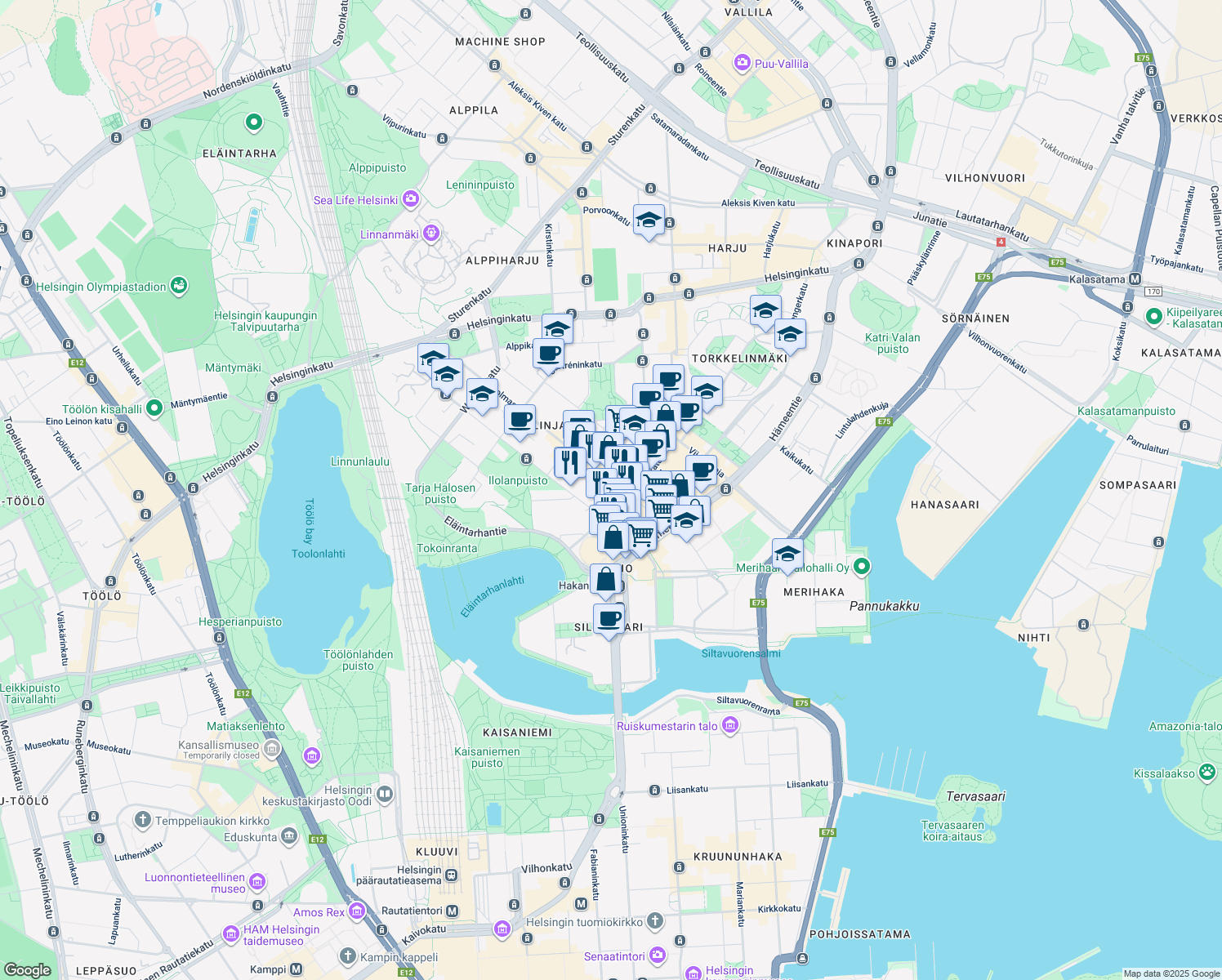 map of restaurants, bars, coffee shops, grocery stores, and more near 13 Siltasaarenkatu in Helsinki