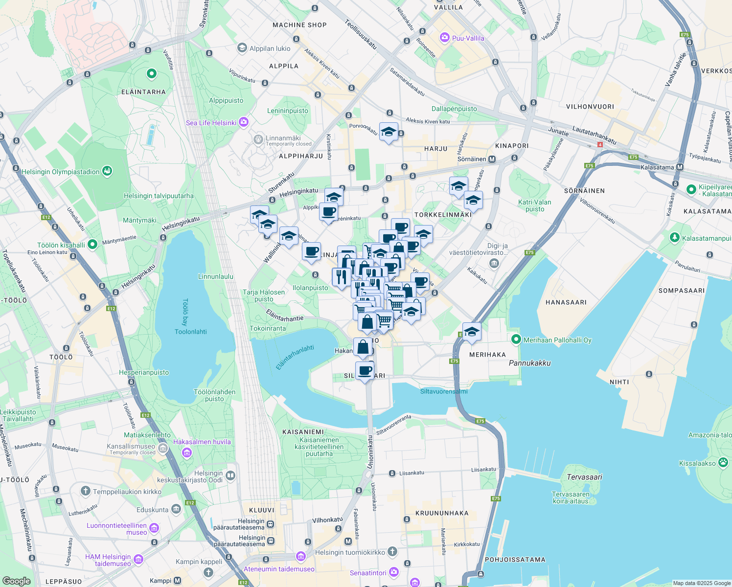 map of restaurants, bars, coffee shops, grocery stores, and more near 13 Siltasaarenkatu in Helsinki