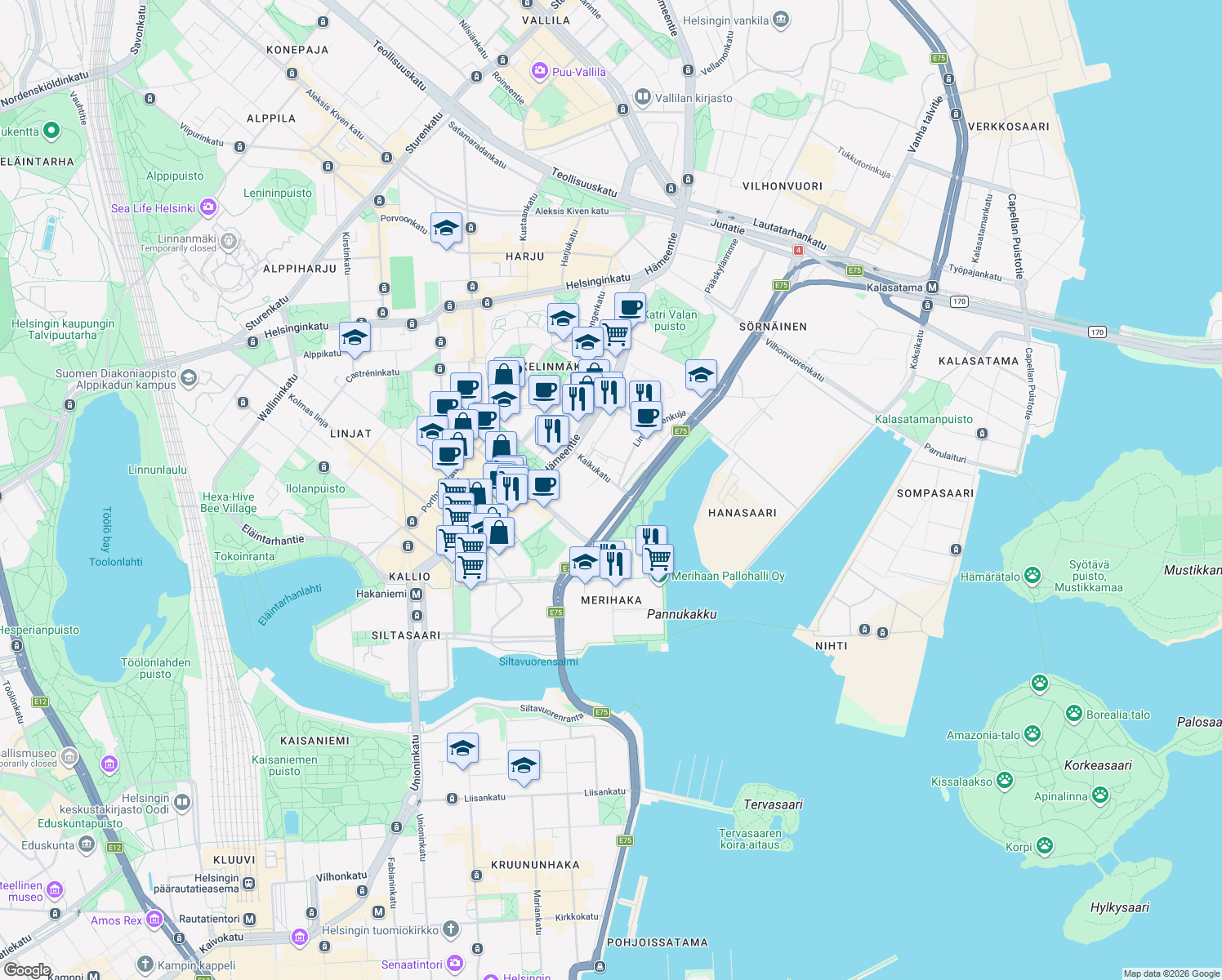 map of restaurants, bars, coffee shops, grocery stores, and more near in Helsinki
