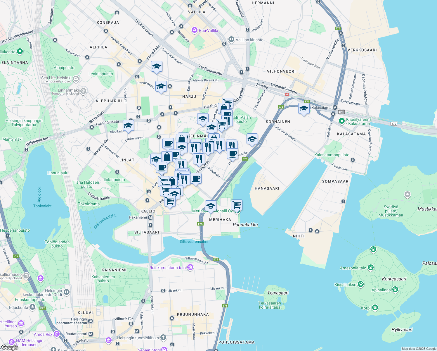 map of restaurants, bars, coffee shops, grocery stores, and more near in Helsinki
