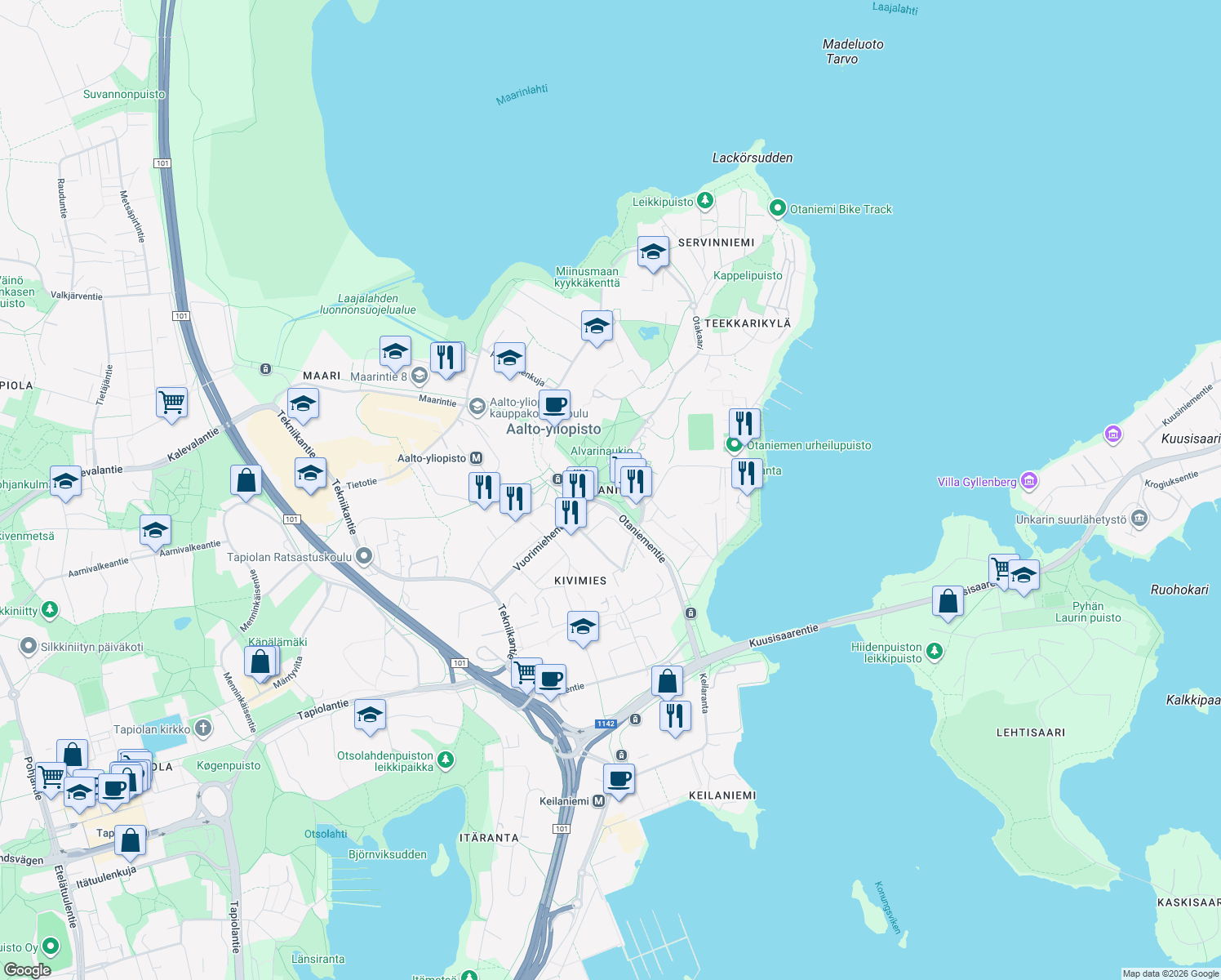 map of restaurants, bars, coffee shops, grocery stores, and more near in Espoo