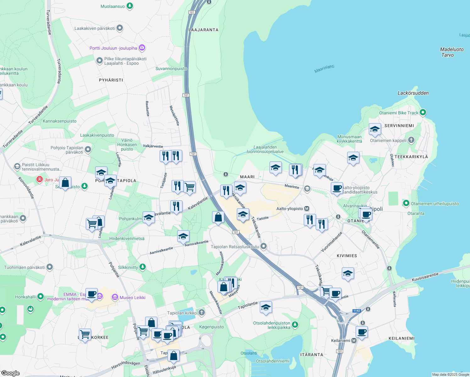 map of restaurants, bars, coffee shops, grocery stores, and more near 21 Tekniikantie in Espoo