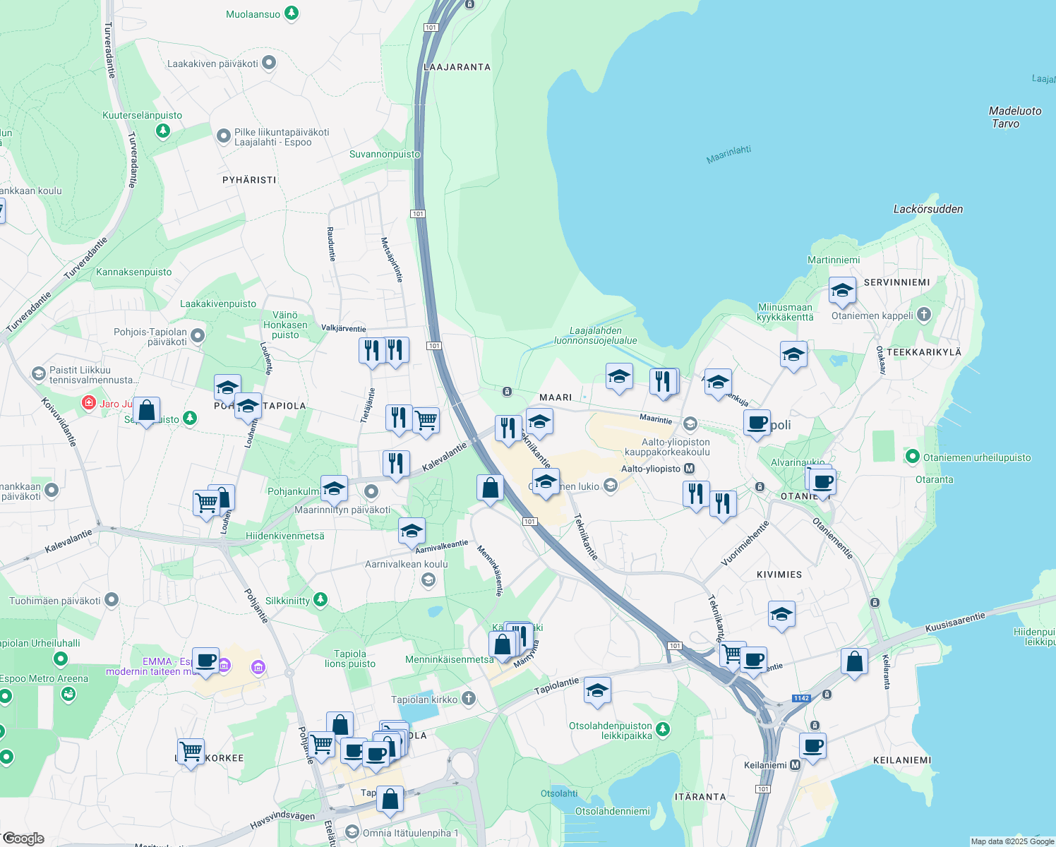 map of restaurants, bars, coffee shops, grocery stores, and more near 21 Tekniikantie in Espoo
