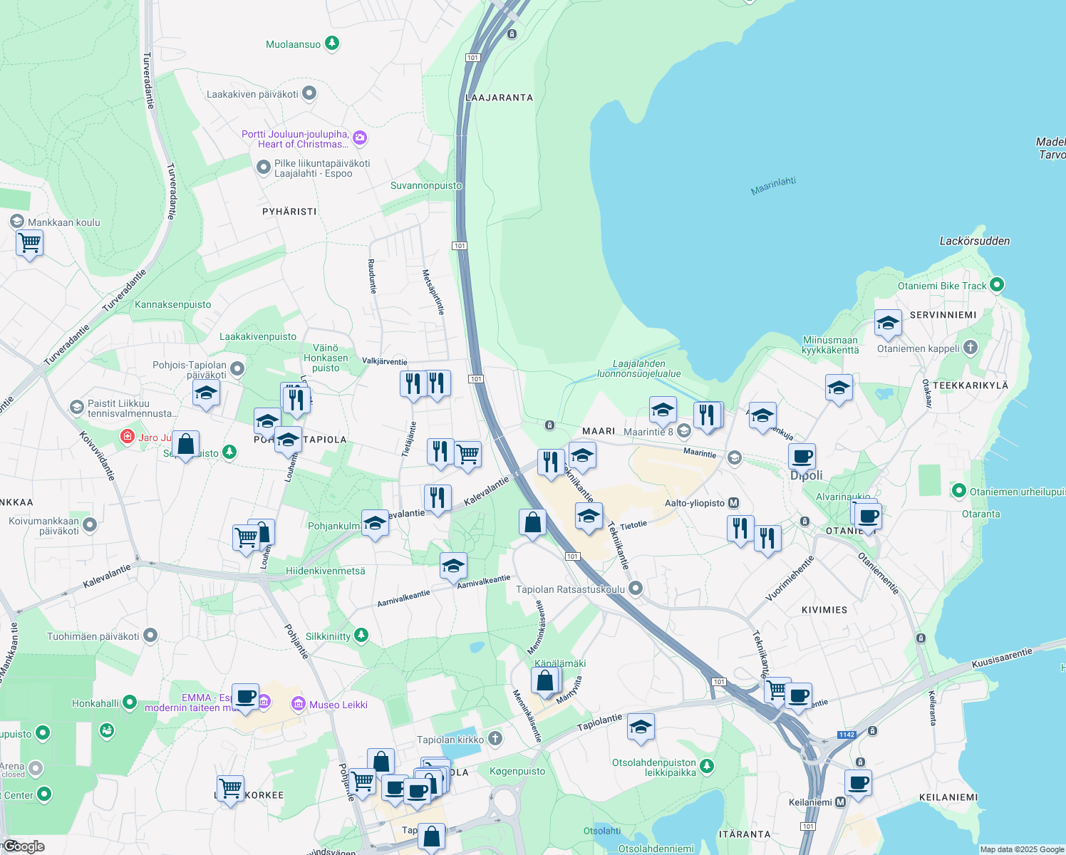 map of restaurants, bars, coffee shops, grocery stores, and more near 4 Maarinrannantie in Espoo
