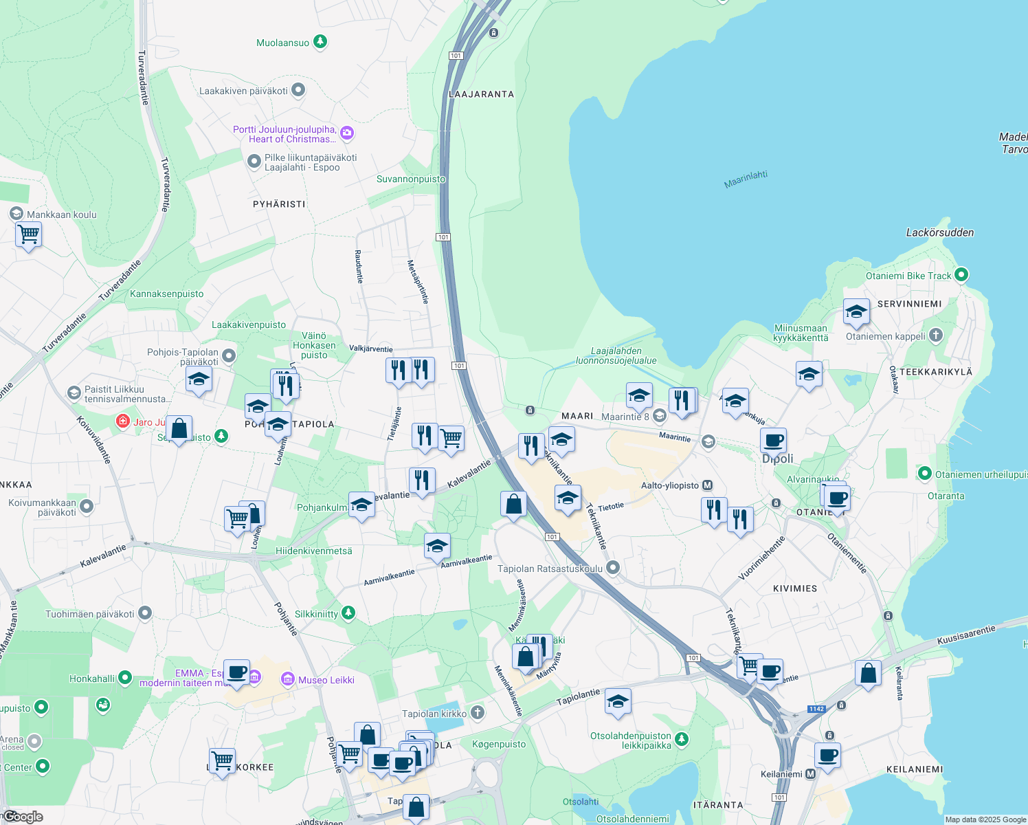 map of restaurants, bars, coffee shops, grocery stores, and more near 4 Maarinrannantie in Espoo