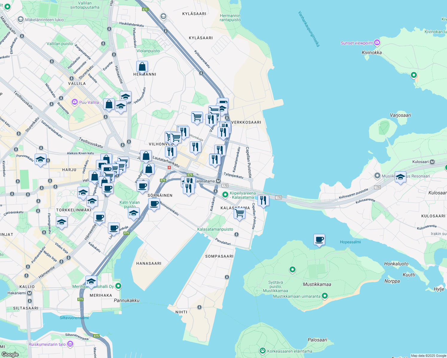 map of restaurants, bars, coffee shops, grocery stores, and more near 9 Hermannin rantatie in Helsinki