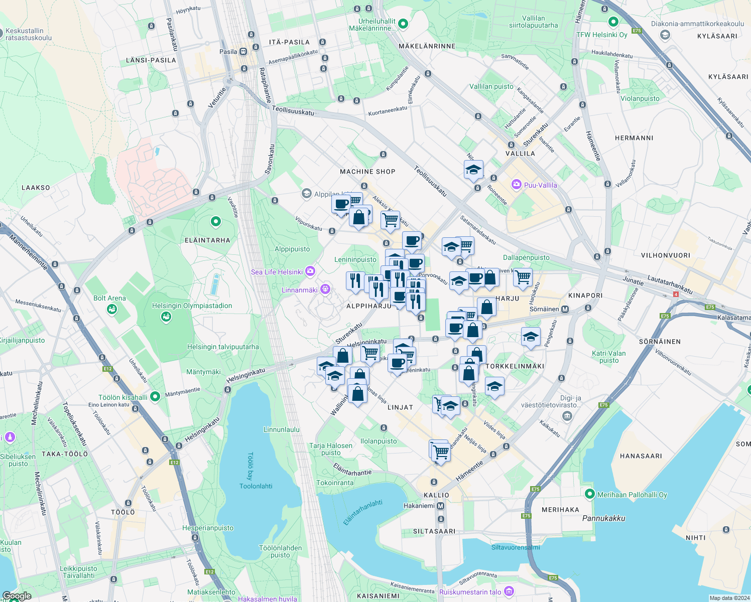 map of restaurants, bars, coffee shops, grocery stores, and more near in 