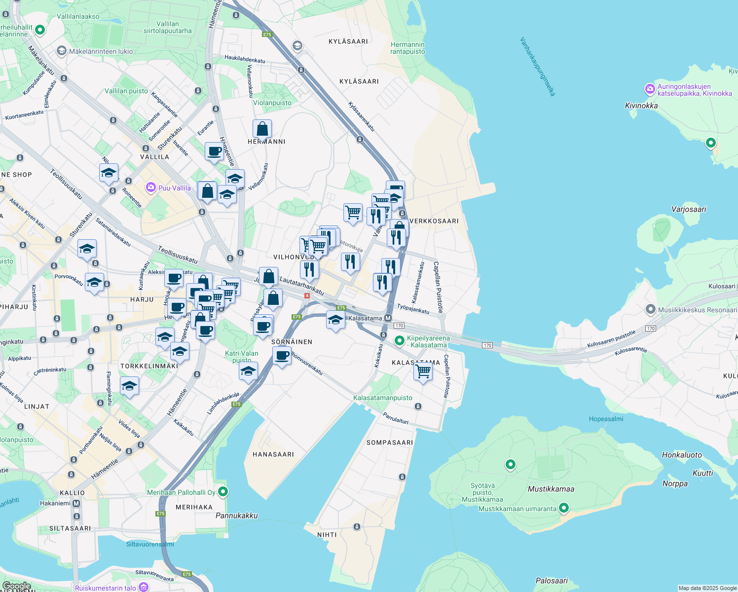 map of restaurants, bars, coffee shops, grocery stores, and more near 6 A Työpajankatu in Helsinki