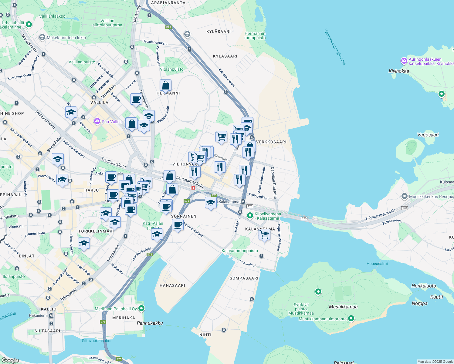 map of restaurants, bars, coffee shops, grocery stores, and more near 6a Työpajankatu in Helsinki