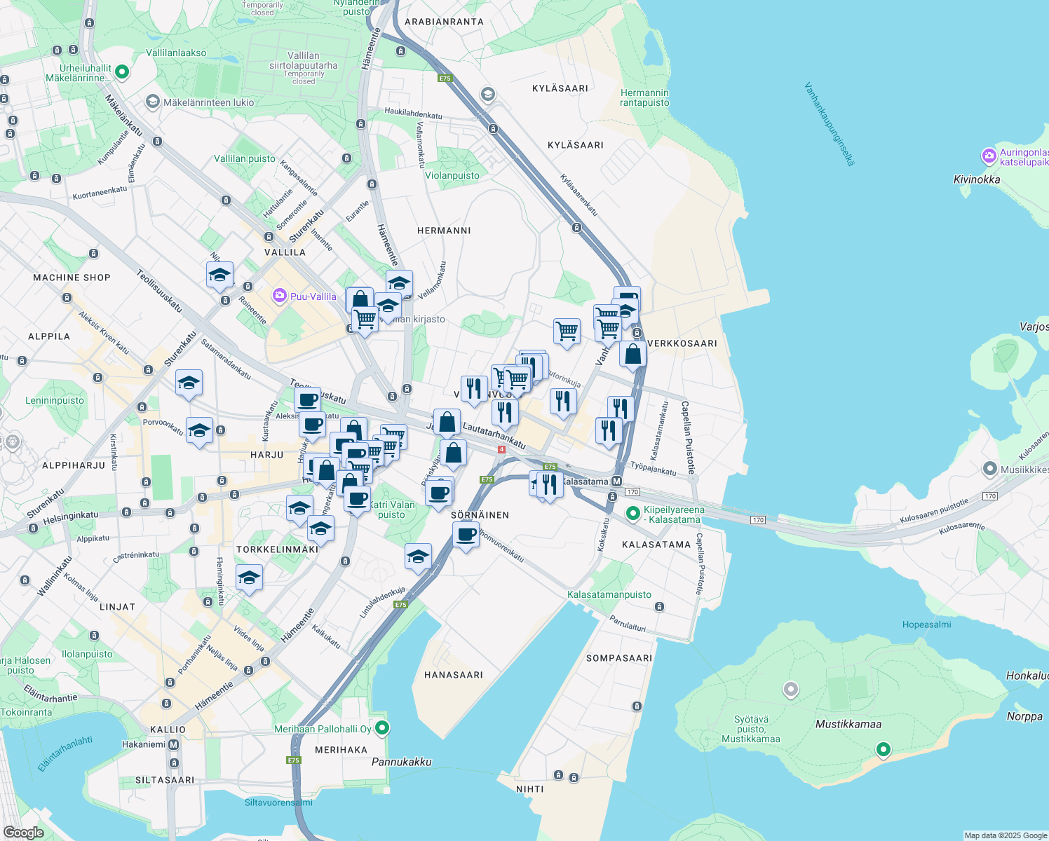 map of restaurants, bars, coffee shops, grocery stores, and more near 1 Tynnyrintekijänkatu in Helsinki