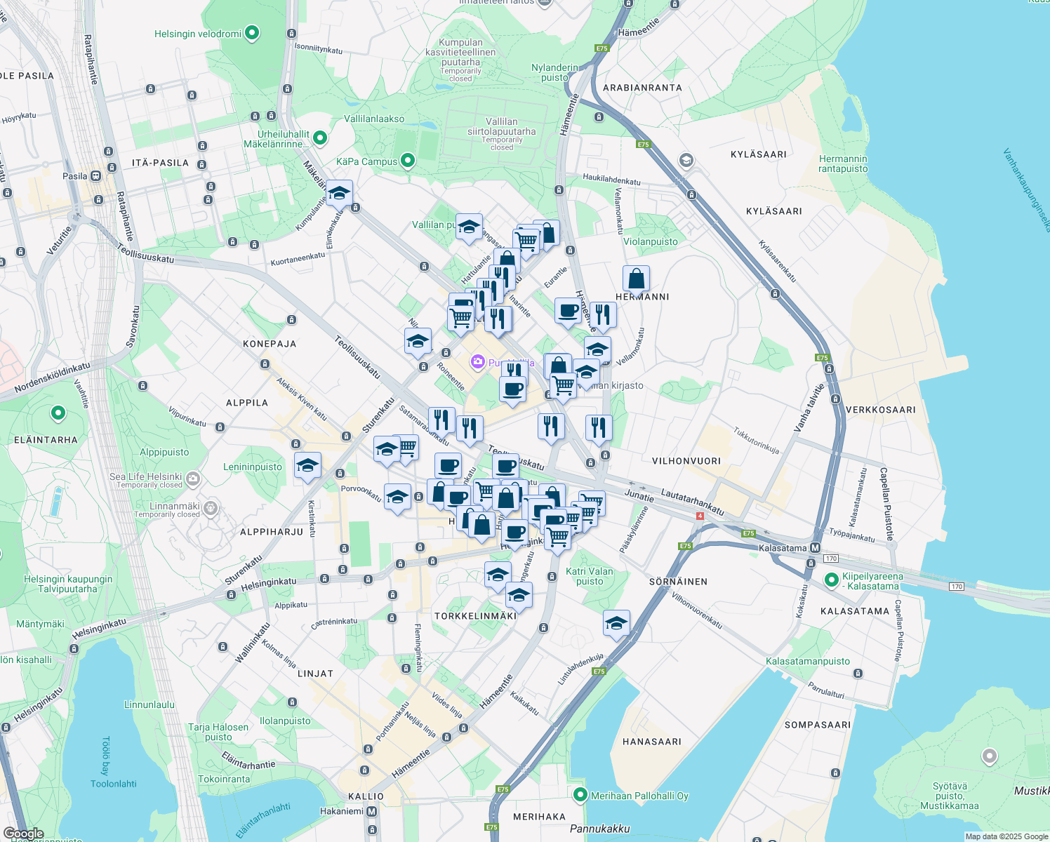 map of restaurants, bars, coffee shops, grocery stores, and more near in Helsinki