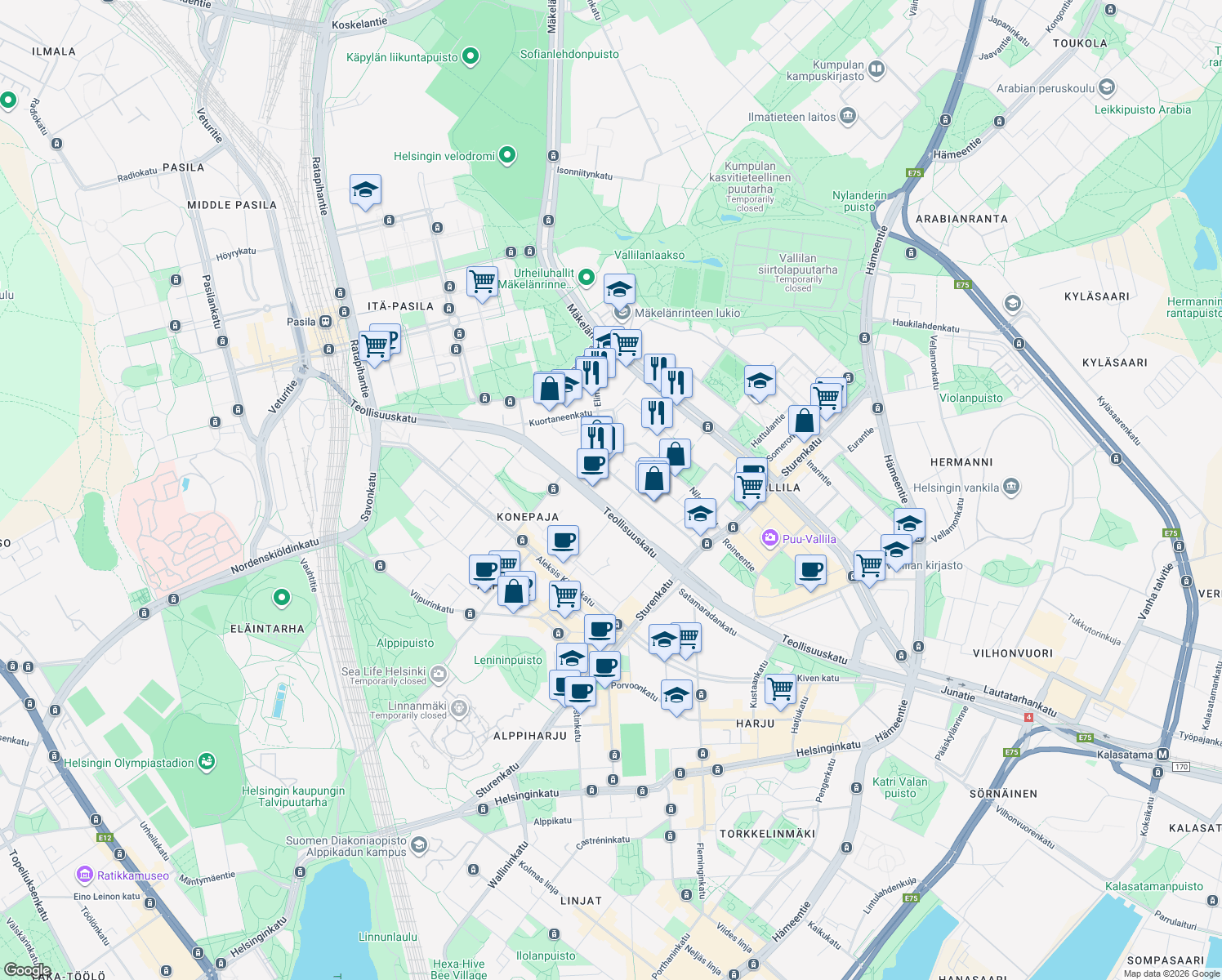 map of restaurants, bars, coffee shops, grocery stores, and more near in Helsingfors