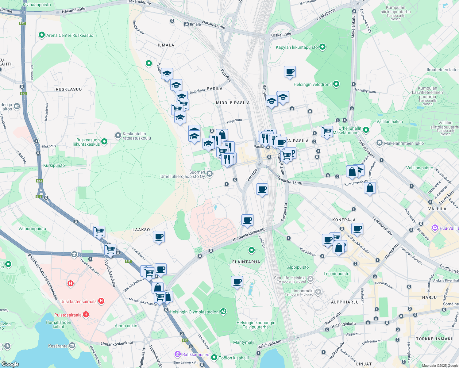 map of restaurants, bars, coffee shops, grocery stores, and more near 1 Palkkatilanportti in Helsinki