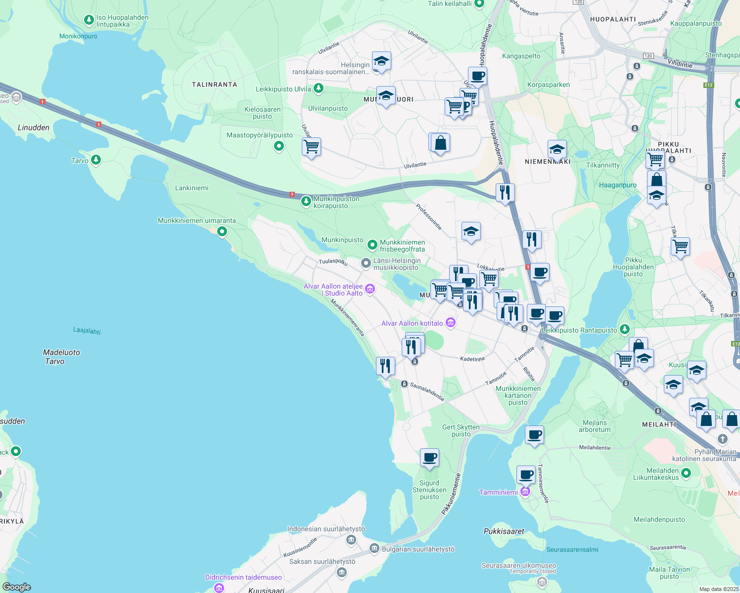map of restaurants, bars, coffee shops, grocery stores, and more near in Helsinki