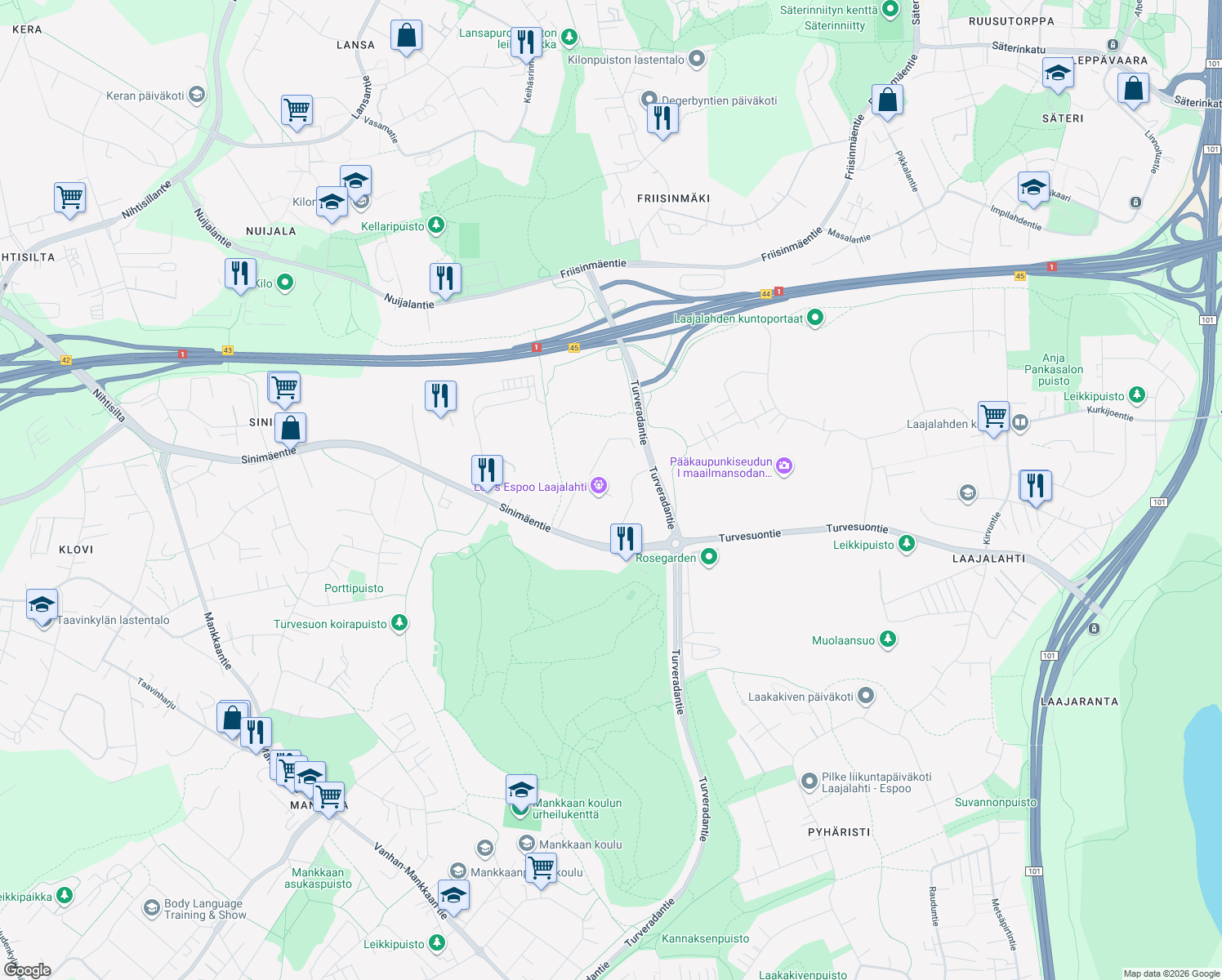 map of restaurants, bars, coffee shops, grocery stores, and more near in Espoo