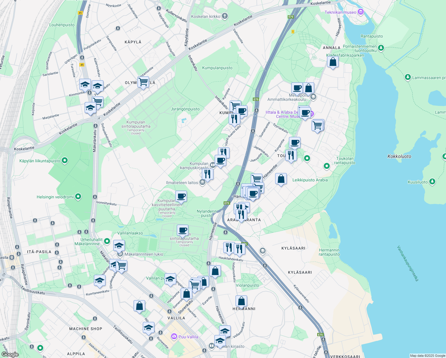 map of restaurants, bars, coffee shops, grocery stores, and more near 5 Pietari Kalmin katu in Helsinki
