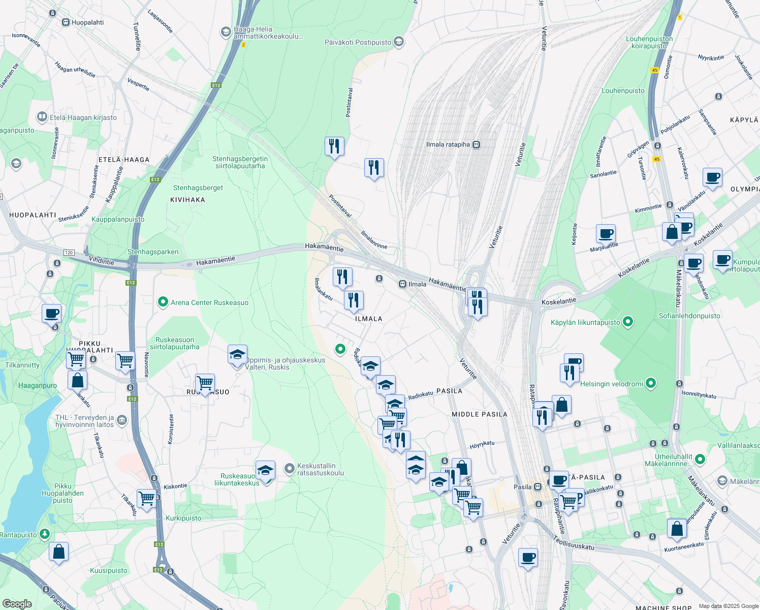 map of restaurants, bars, coffee shops, grocery stores, and more near 3 Ilmalankuja in Helsinki