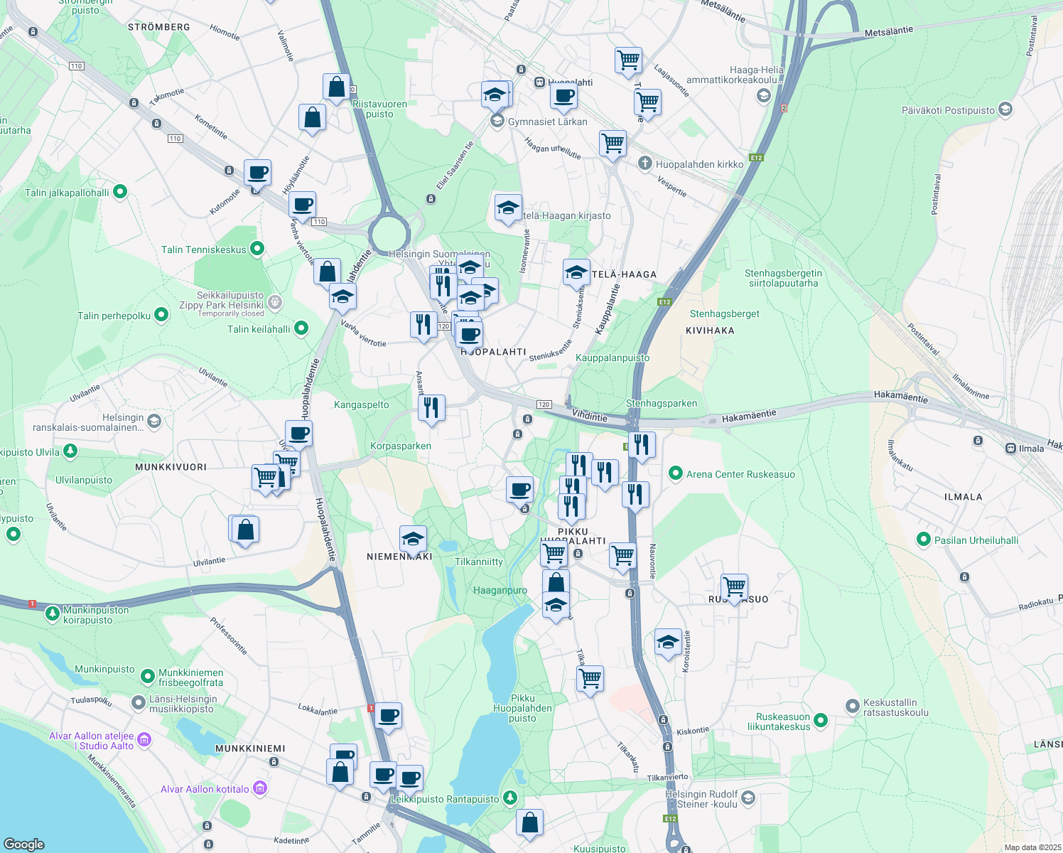 map of restaurants, bars, coffee shops, grocery stores, and more near in Helsingfors