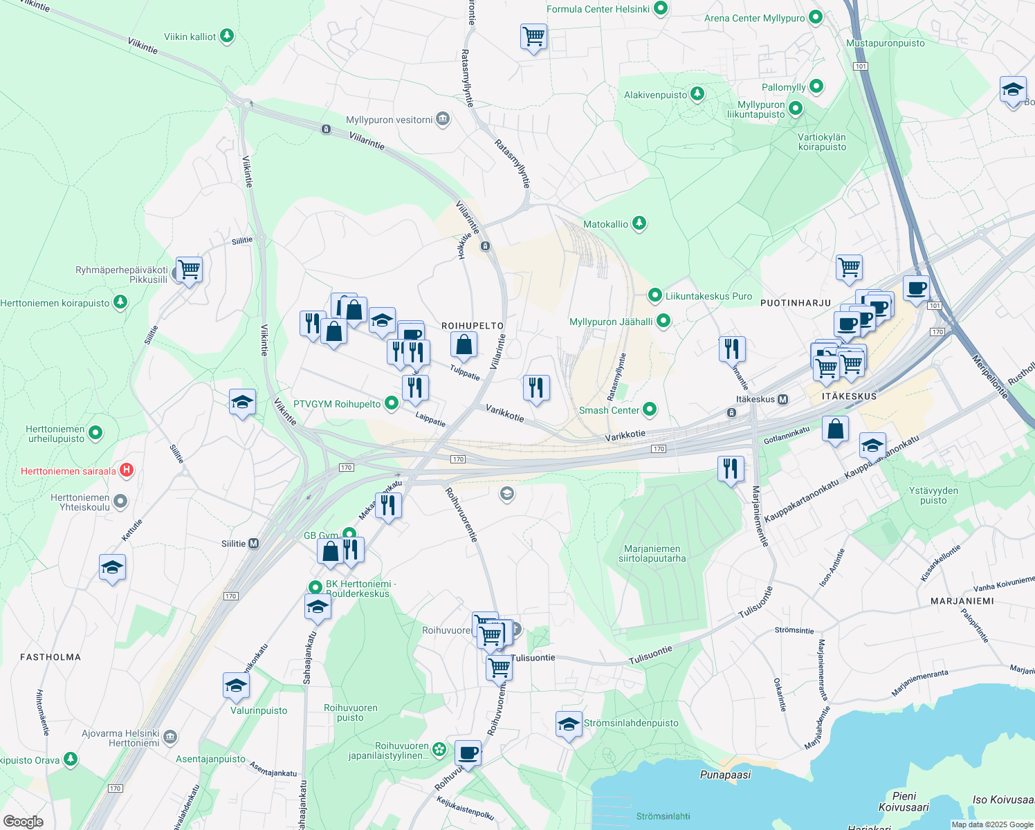 map of restaurants, bars, coffee shops, grocery stores, and more near in Helsinki