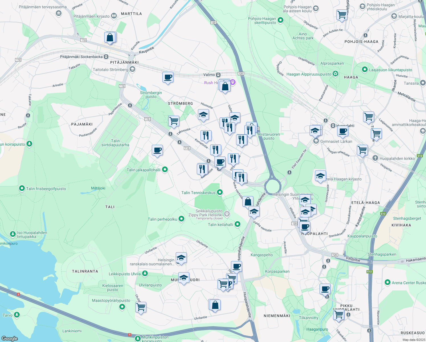 map of restaurants, bars, coffee shops, grocery stores, and more near in Helsingfors