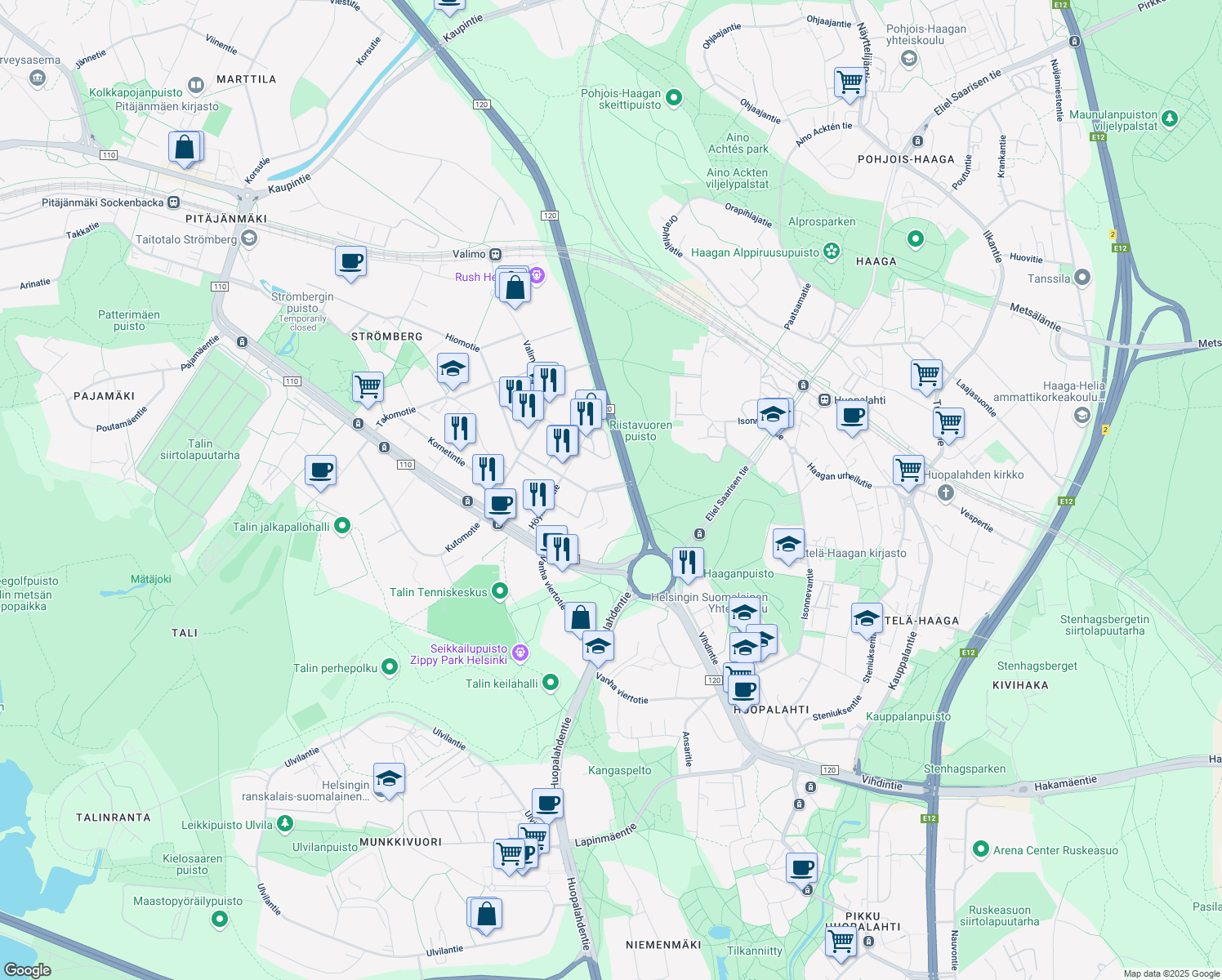 map of restaurants, bars, coffee shops, grocery stores, and more near in Helsinki
