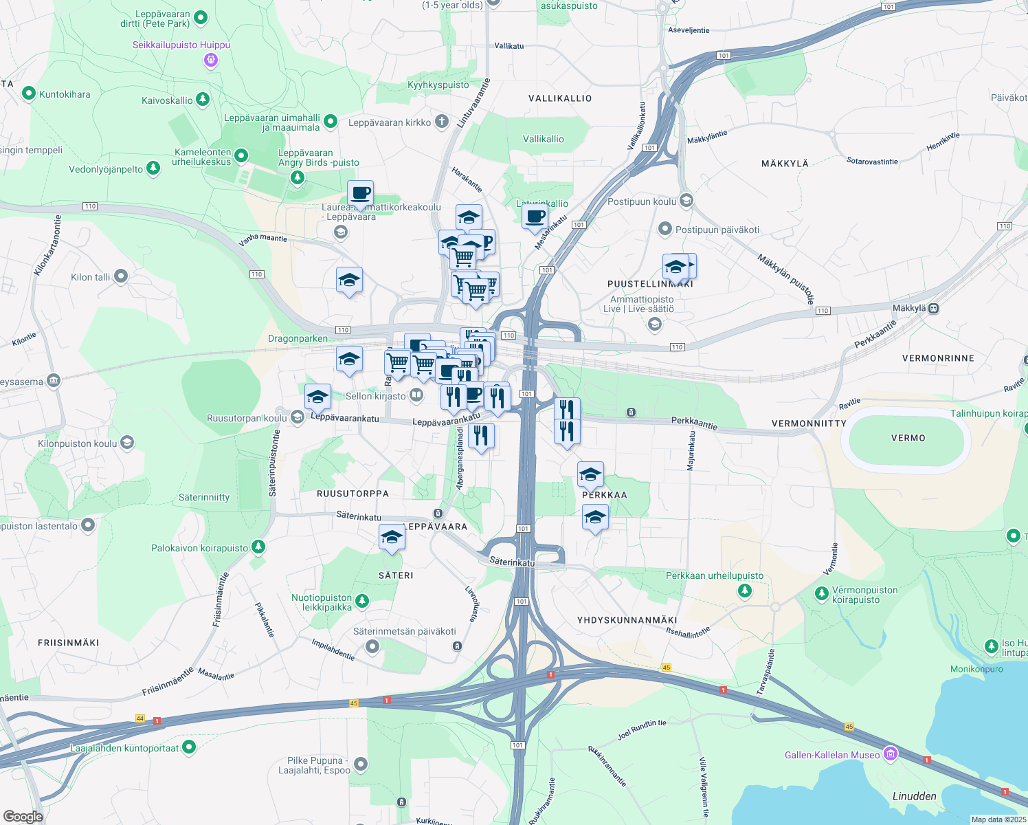 map of restaurants, bars, coffee shops, grocery stores, and more near in Espoo