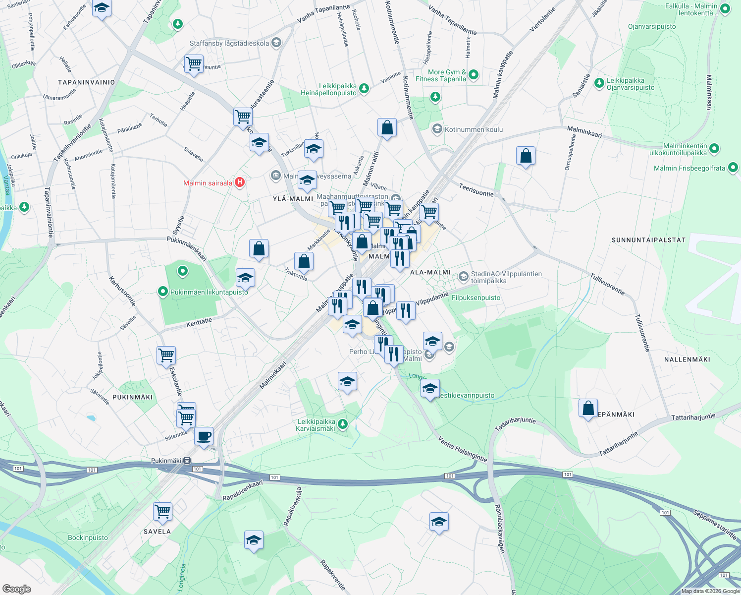 map of restaurants, bars, coffee shops, grocery stores, and more near 19 Vanha Helsingintie in Helsinki