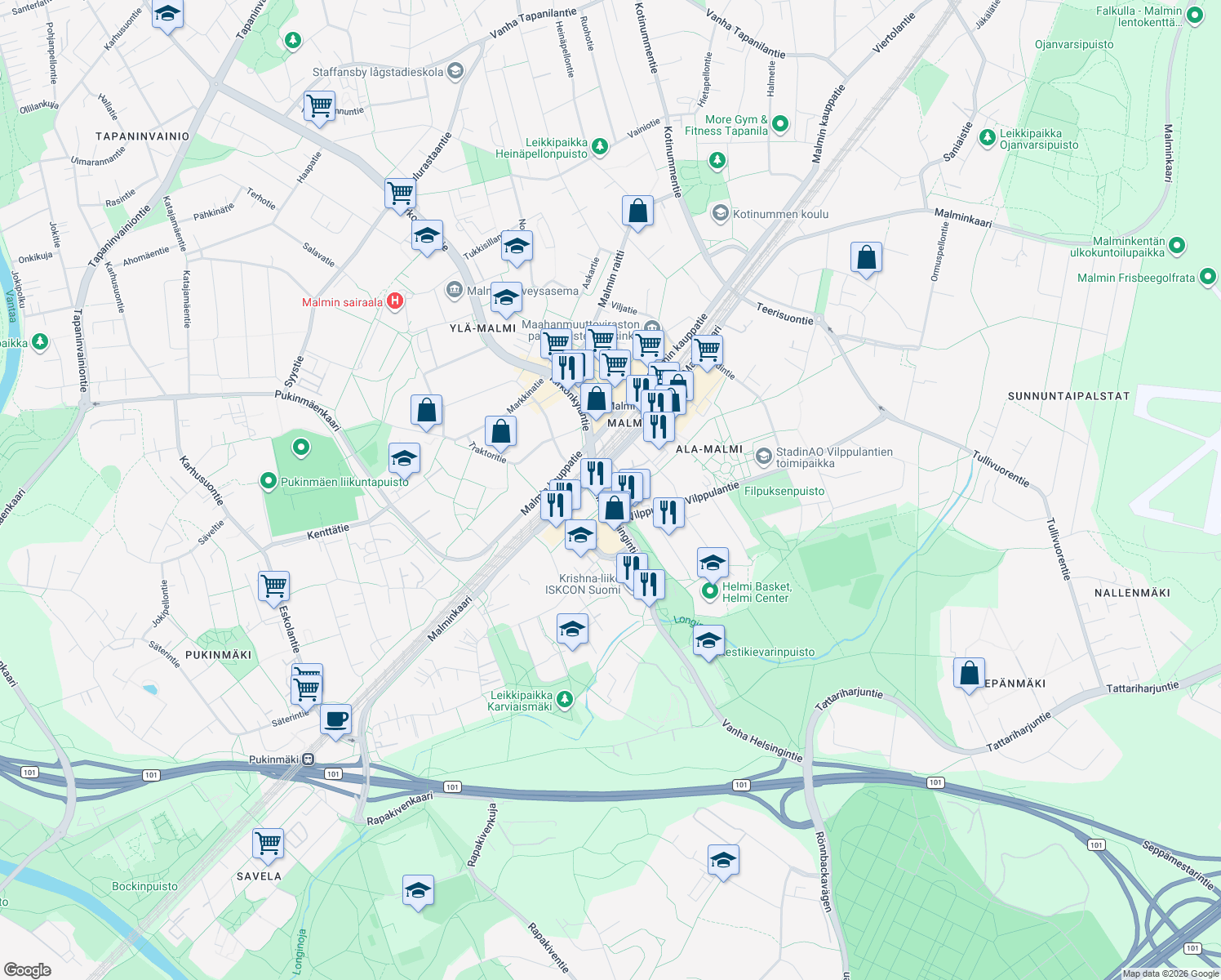 map of restaurants, bars, coffee shops, grocery stores, and more near 19 Vanha Helsingintie in Helsinki
