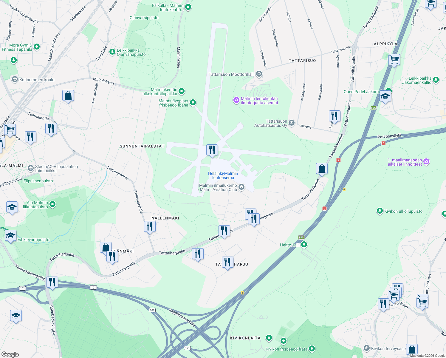map of restaurants, bars, coffee shops, grocery stores, and more near 6 Malmin Lentoaseman aukio in Helsinki