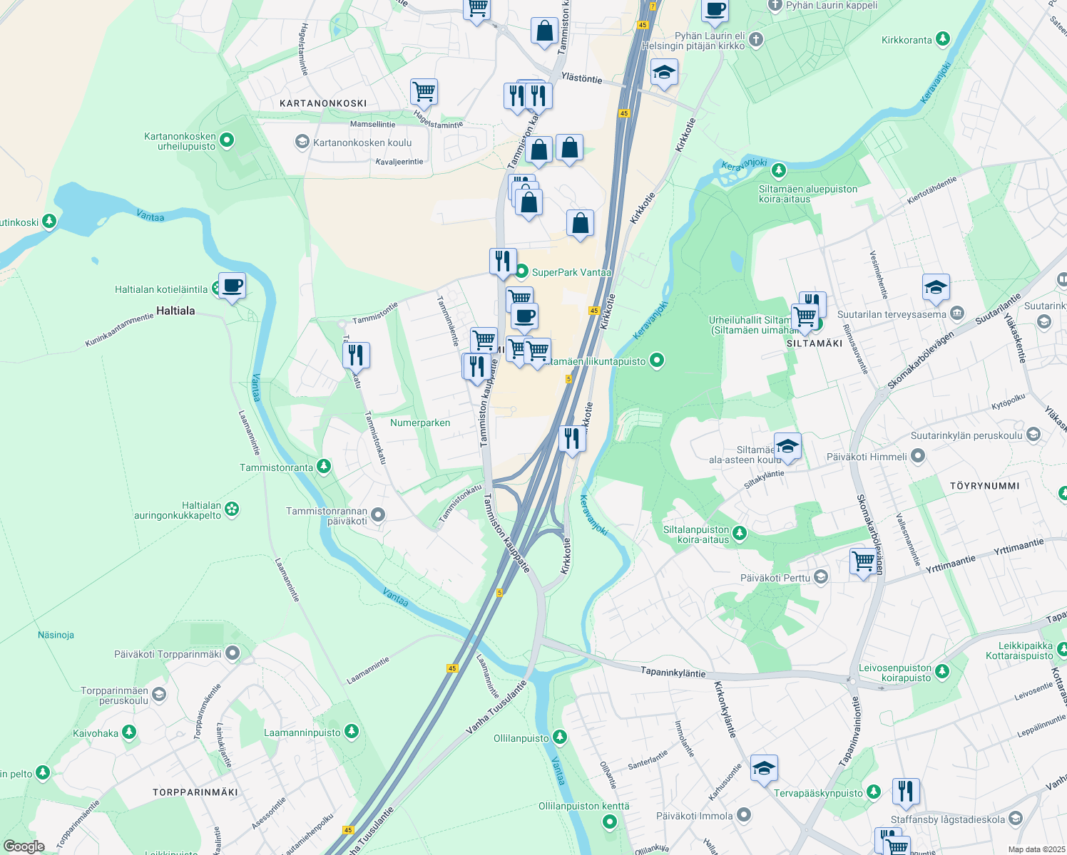 map of restaurants, bars, coffee shops, grocery stores, and more near 7 Tammiston kauppatie in Vantaa