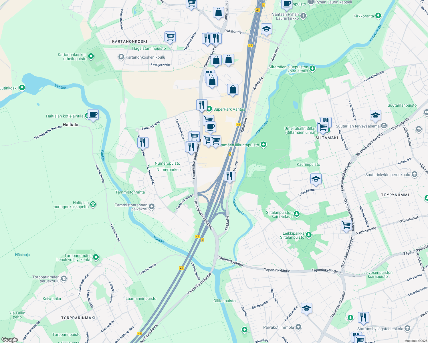 map of restaurants, bars, coffee shops, grocery stores, and more near 7 Tammiston kauppatie in Vantaa
