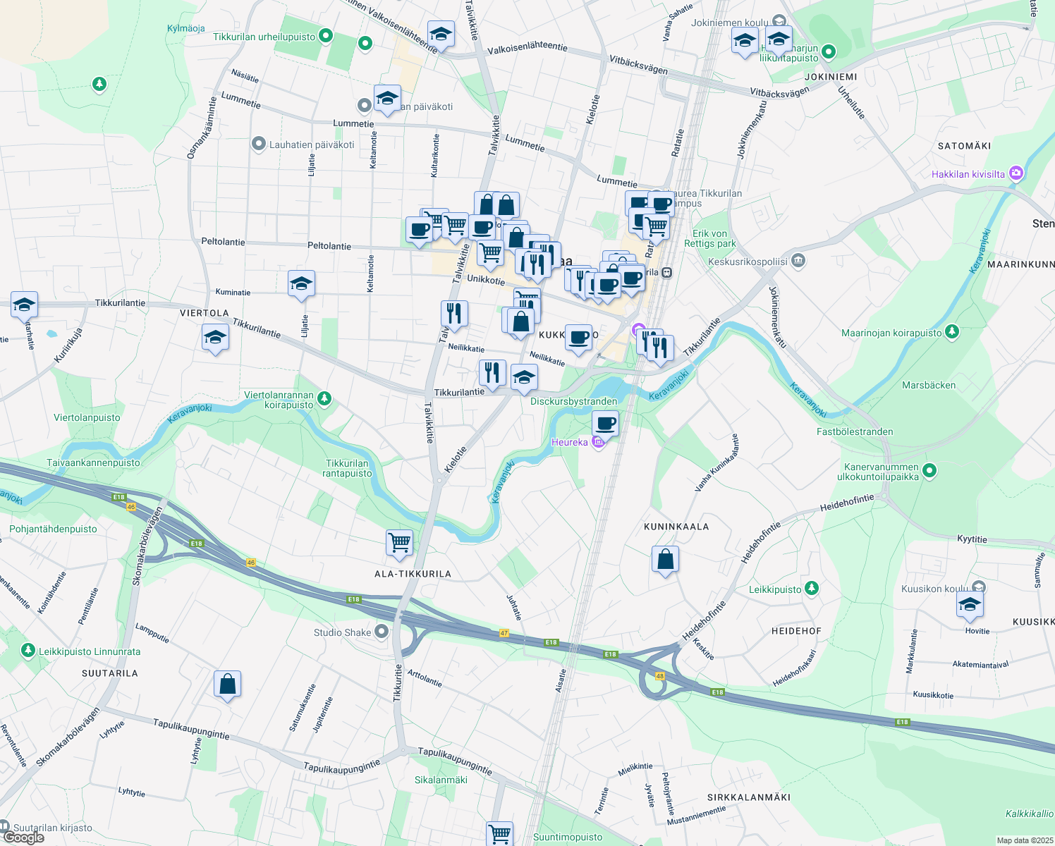 map of restaurants, bars, coffee shops, grocery stores, and more near in Vantaa
