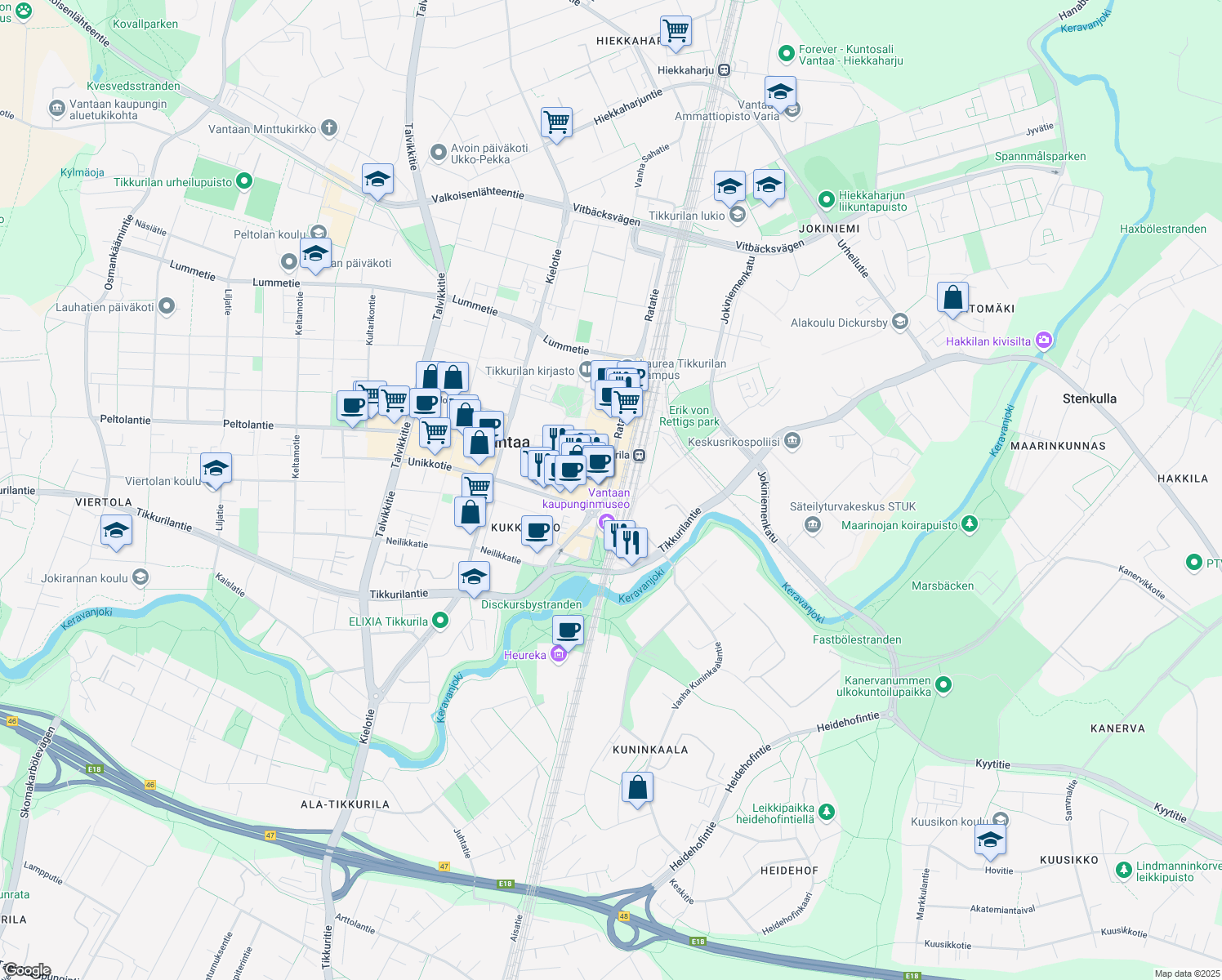 map of restaurants, bars, coffee shops, grocery stores, and more near 11 Ratatie in Vantaa