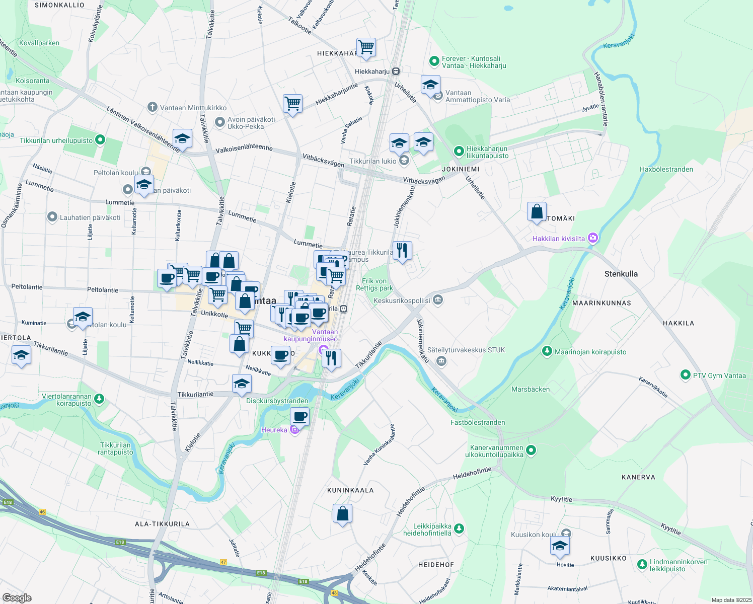map of restaurants, bars, coffee shops, grocery stores, and more near 9 Lauri Korpisen katu in Vantaa
