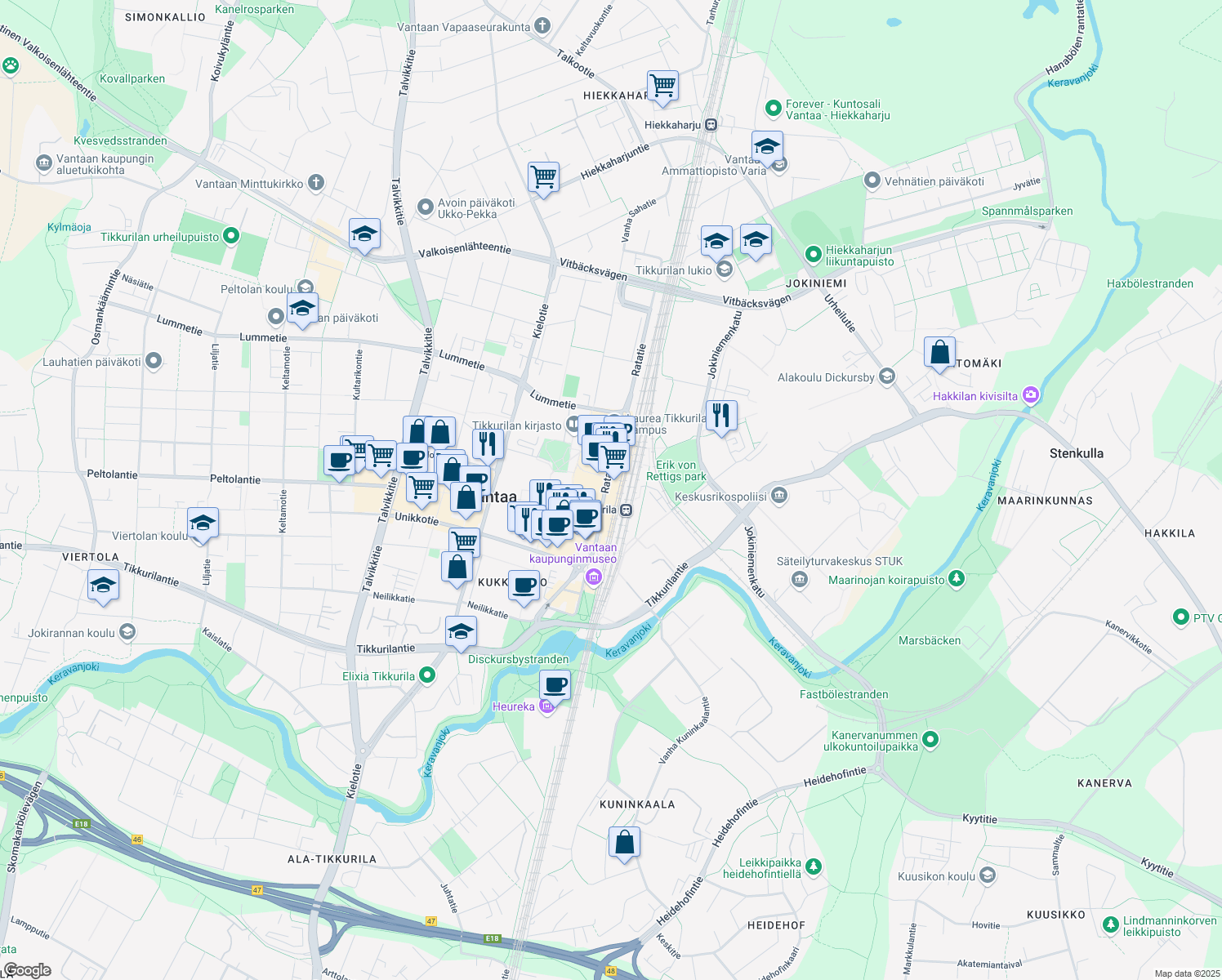 map of restaurants, bars, coffee shops, grocery stores, and more near 11 Ratatie in Vantaa
