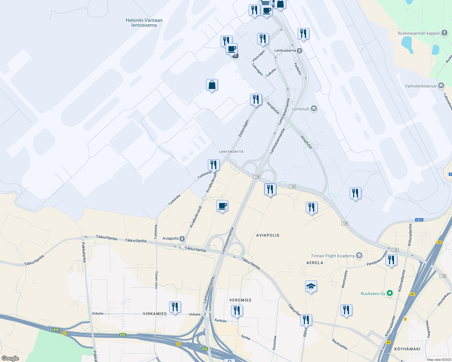map of restaurants, bars, coffee shops, grocery stores, and more near in Vantaa