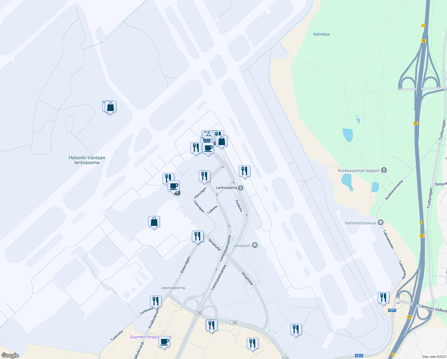 map of restaurants, bars, coffee shops, grocery stores, and more near 3 Taivastie in Vantaa