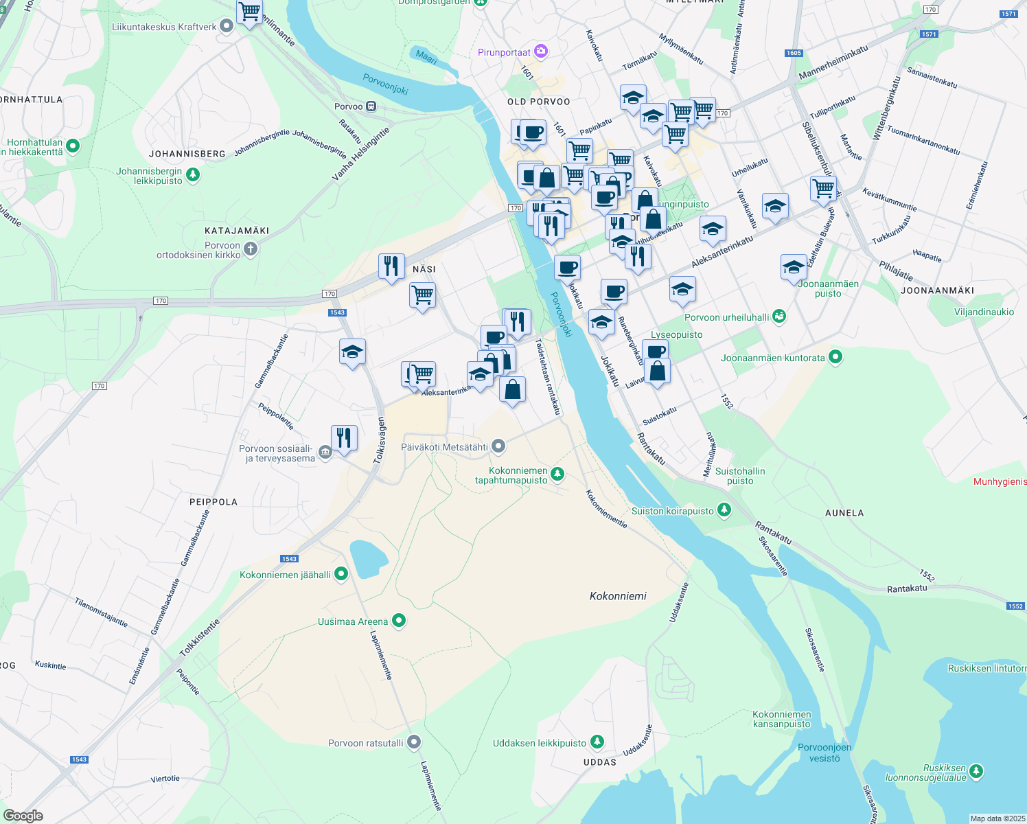 map of restaurants, bars, coffee shops, grocery stores, and more near Taidetehtaankatu in Porvoo