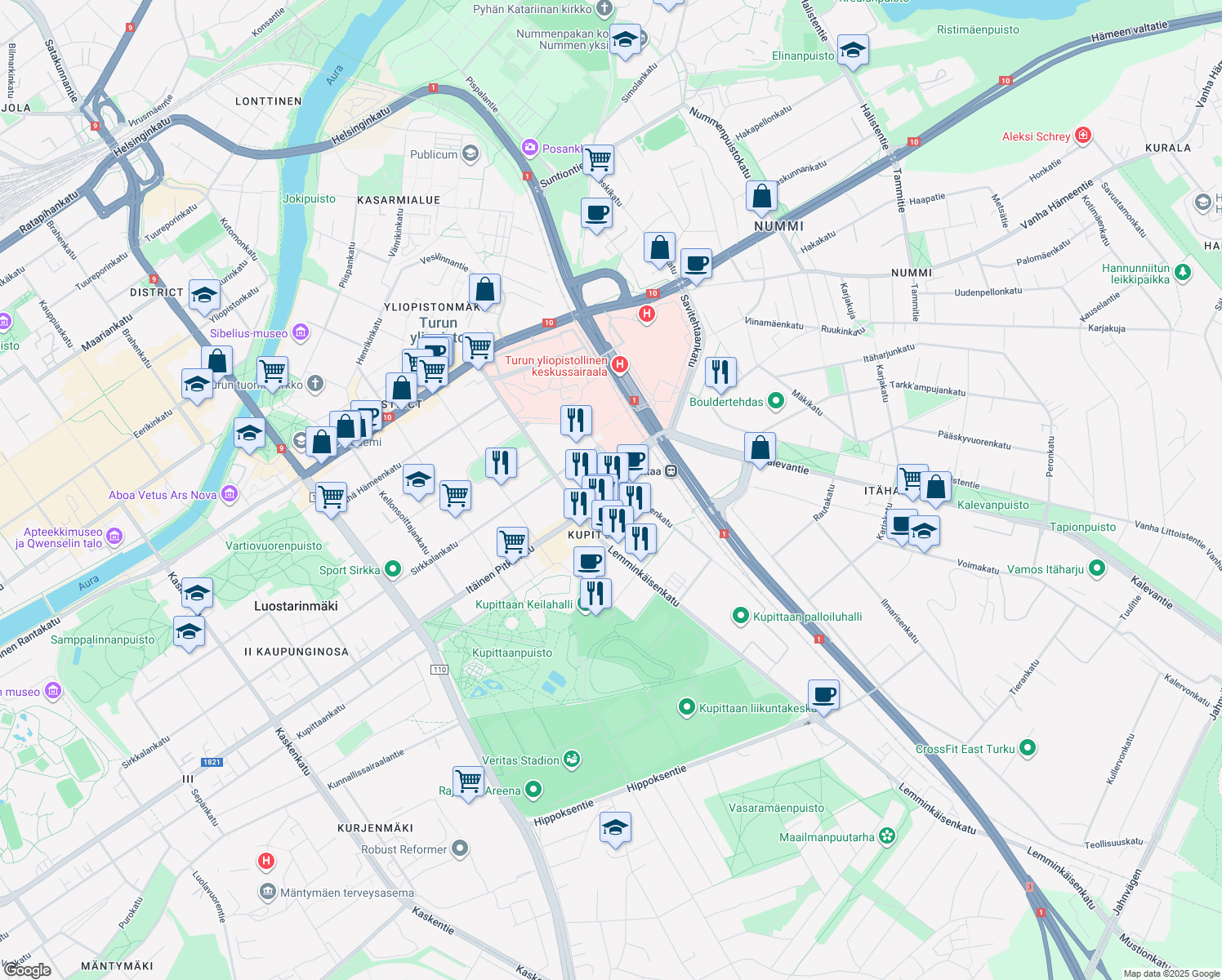 map of restaurants, bars, coffee shops, grocery stores, and more near 4 A Tykistökatu in Turku